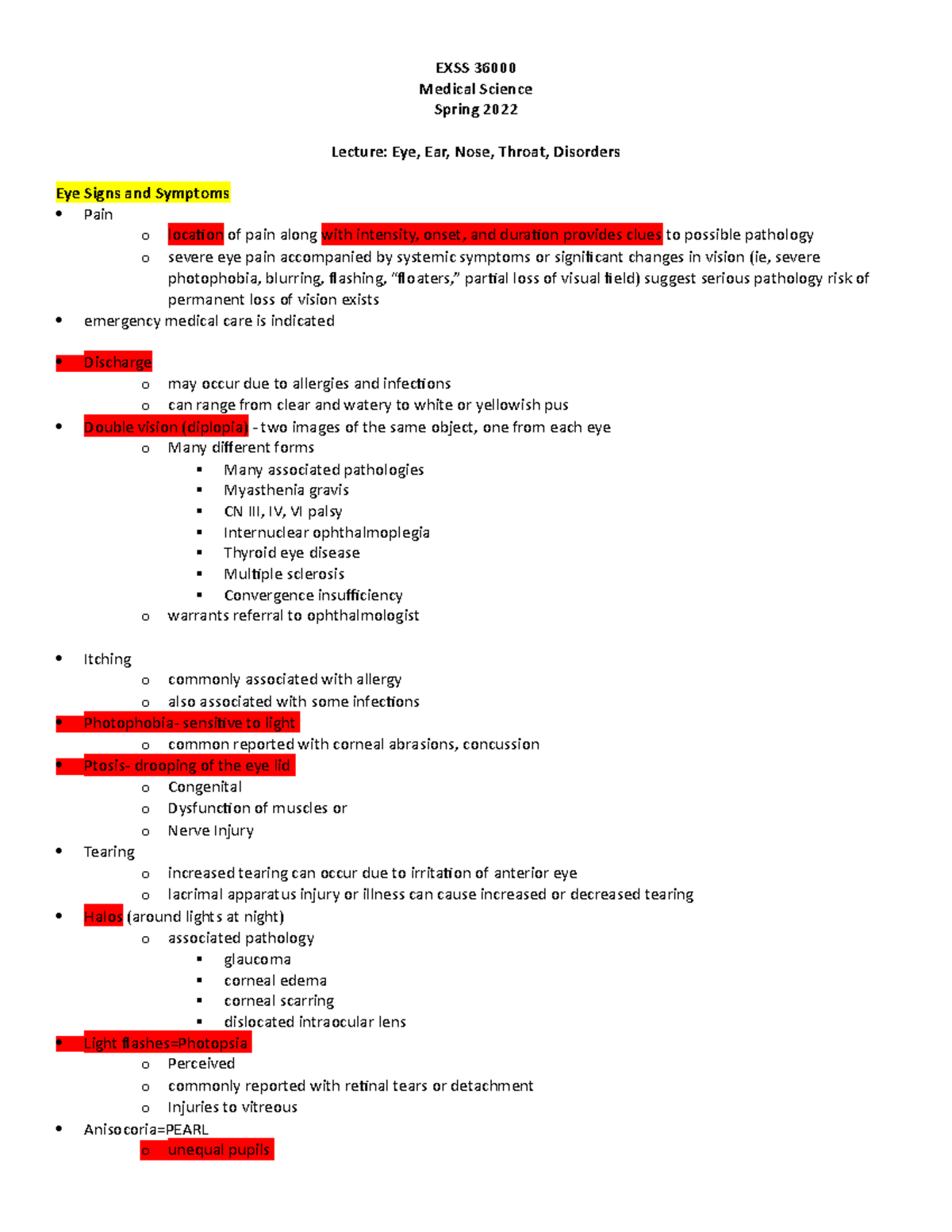 Eyes, Ears, nose, and throat Notes EXSS 36000 Medical Science Spring