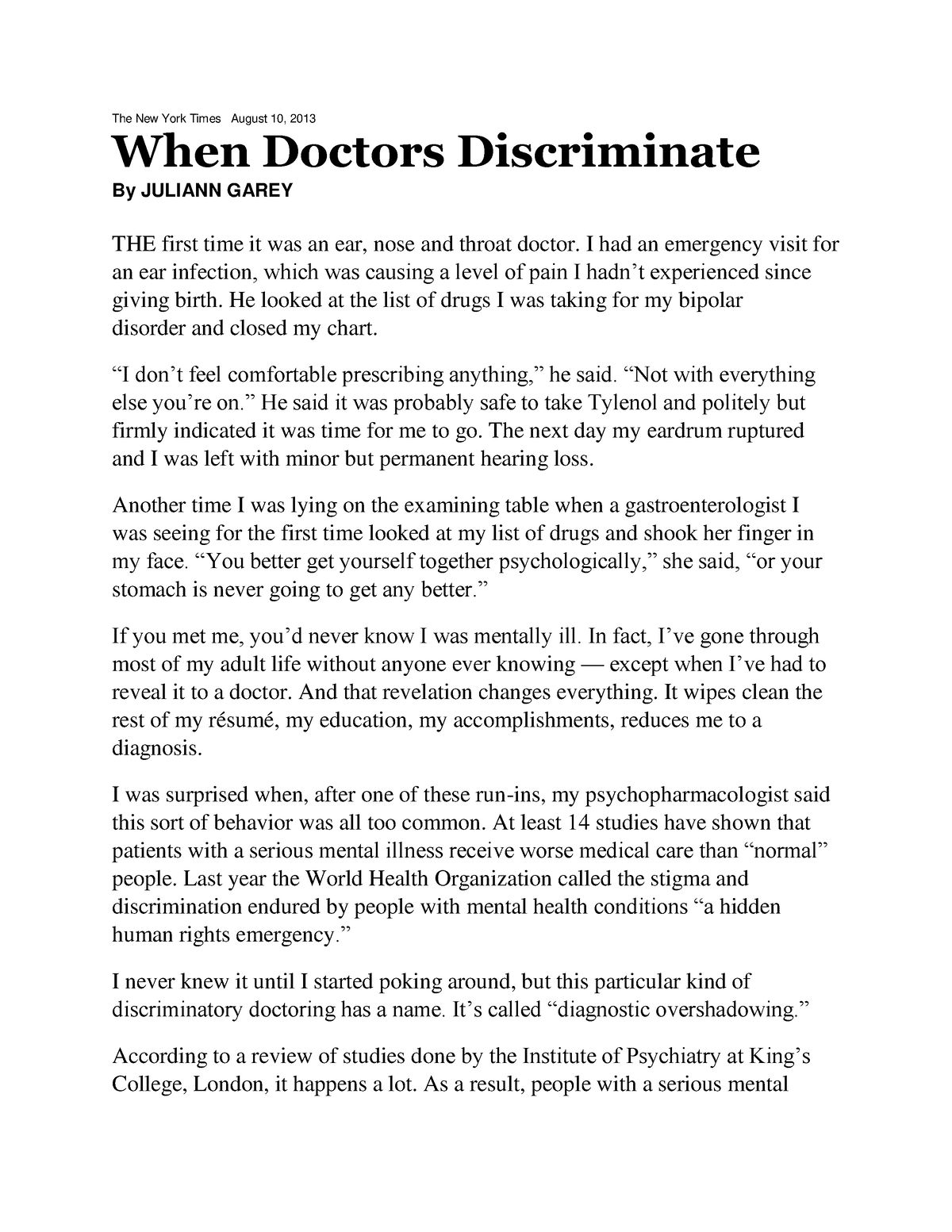When Doctors Discriminate The New York Times August 10 2013 When
