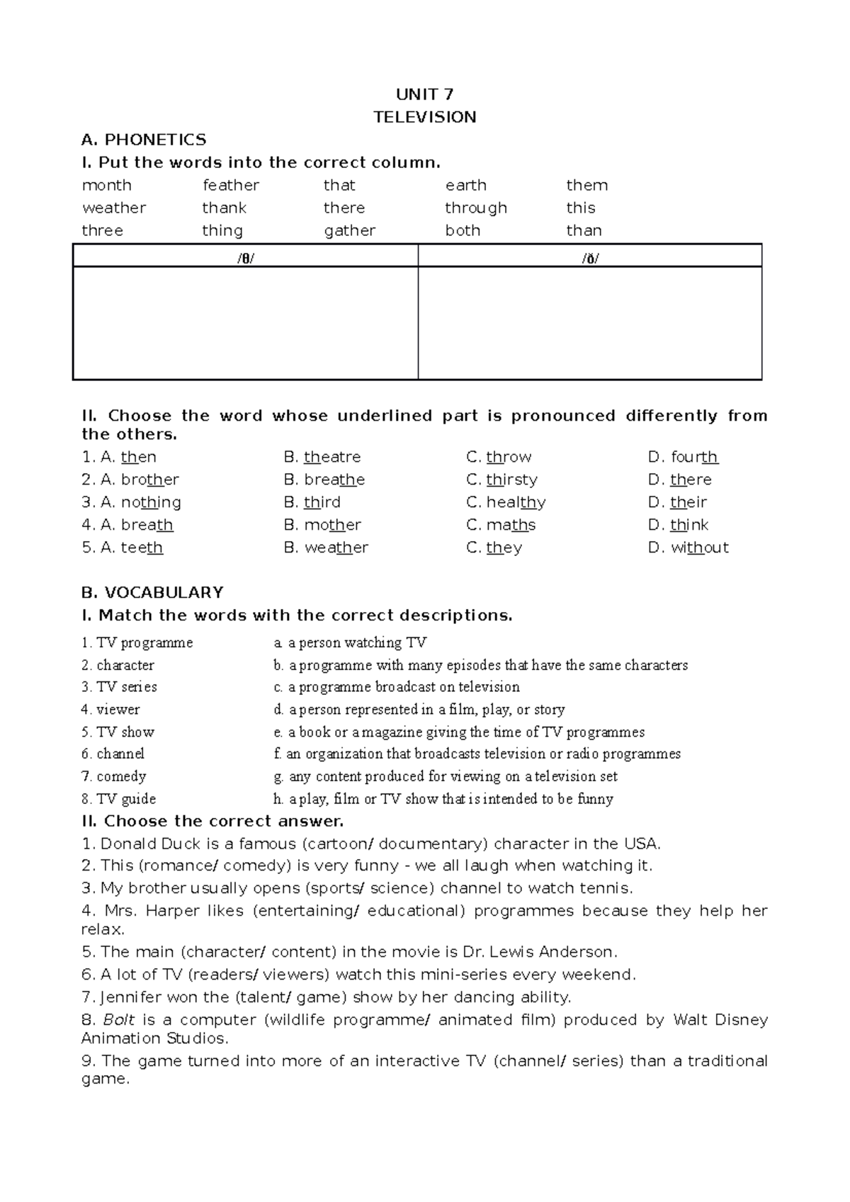 Bai Tap Thuc Hanh Anh 6 Mlhdocx - UNIT 7 TELEVISION A. PHONETICS I. Put ...