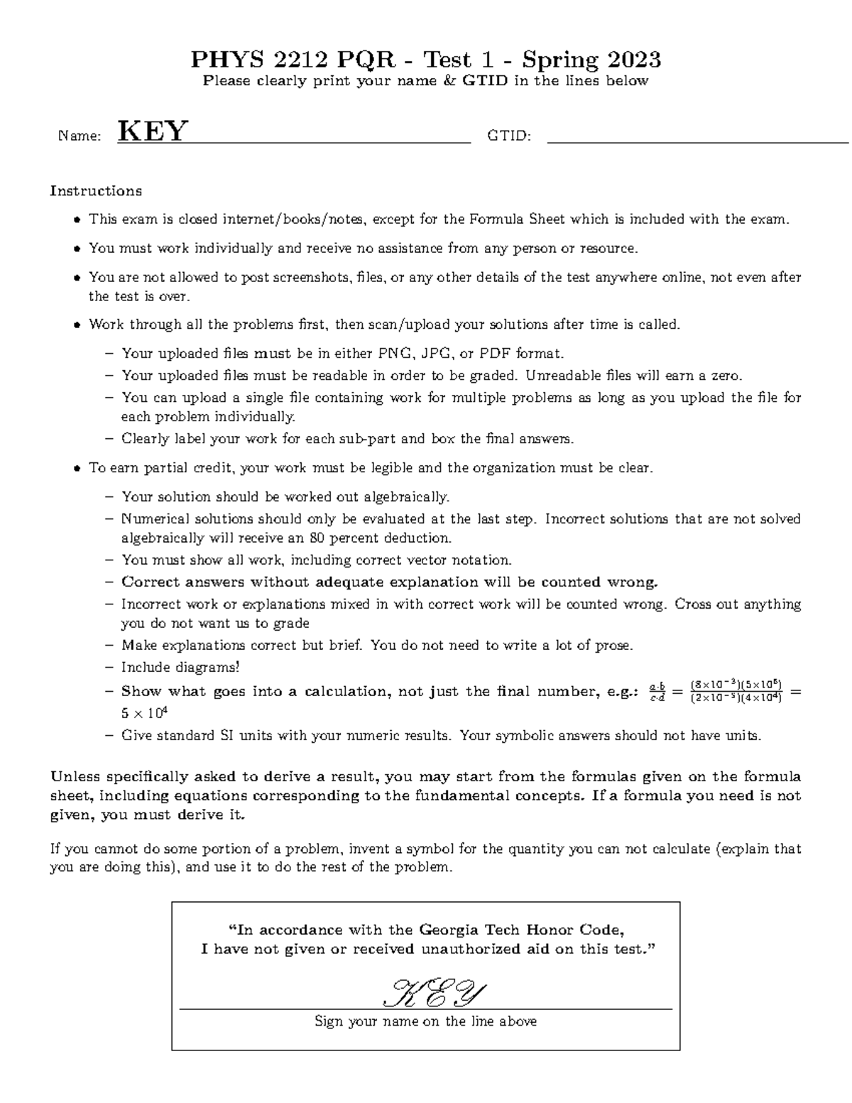2212 Sp23 Test2 Solutions - PHYS 2212 PQR - Test 1 - Spring 2023 Please ...