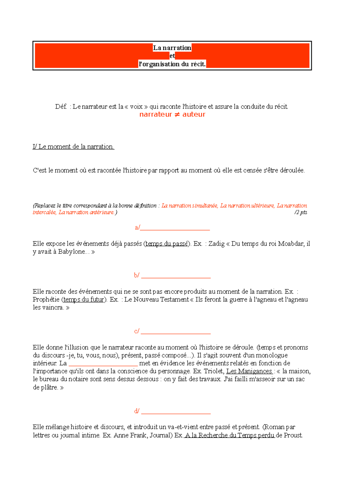 DS La narration+ - La narration et l'organisation du récit. Déf. : Le ...