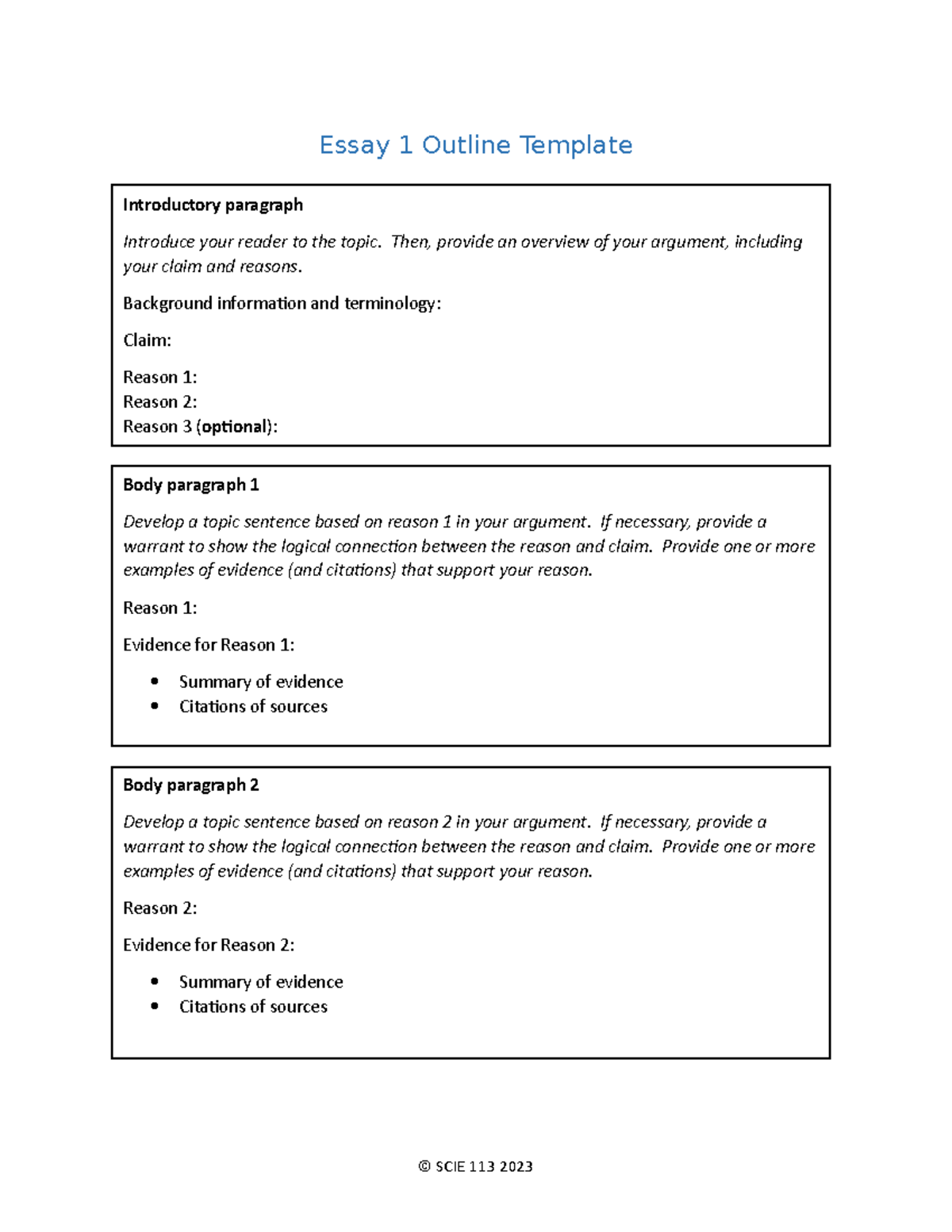 Essay 1 Outline Template - Essay 1 Outline Template © SCIE 113 2023 ...