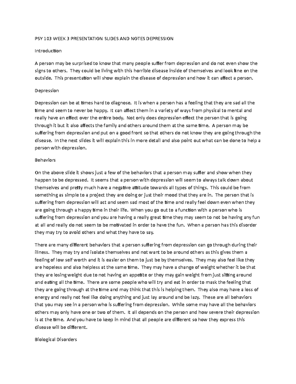 PSY 103 WEEK 3 Presentation Slides AND Notes Depression - PSY 103 WEEK ...