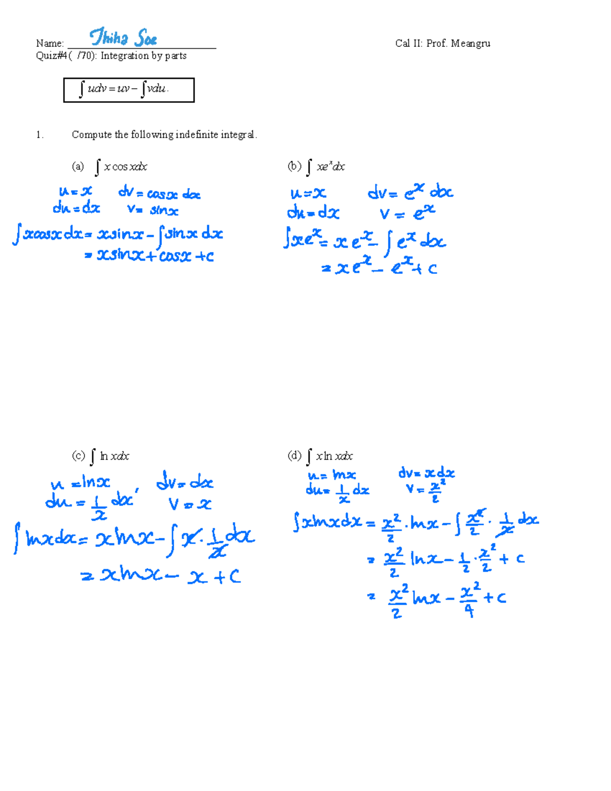 Quiz#4 Integration by parts SP II 2016 - Name ...