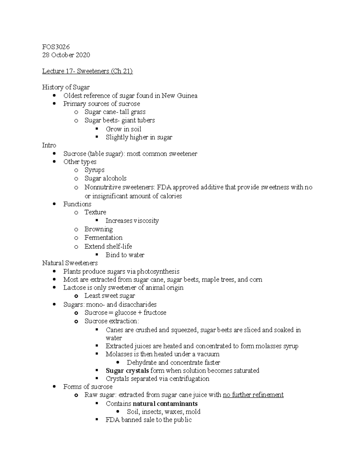 Sweeteners - Lecture notes 17 - FOS 28 October 2020 Lecture 17 ...