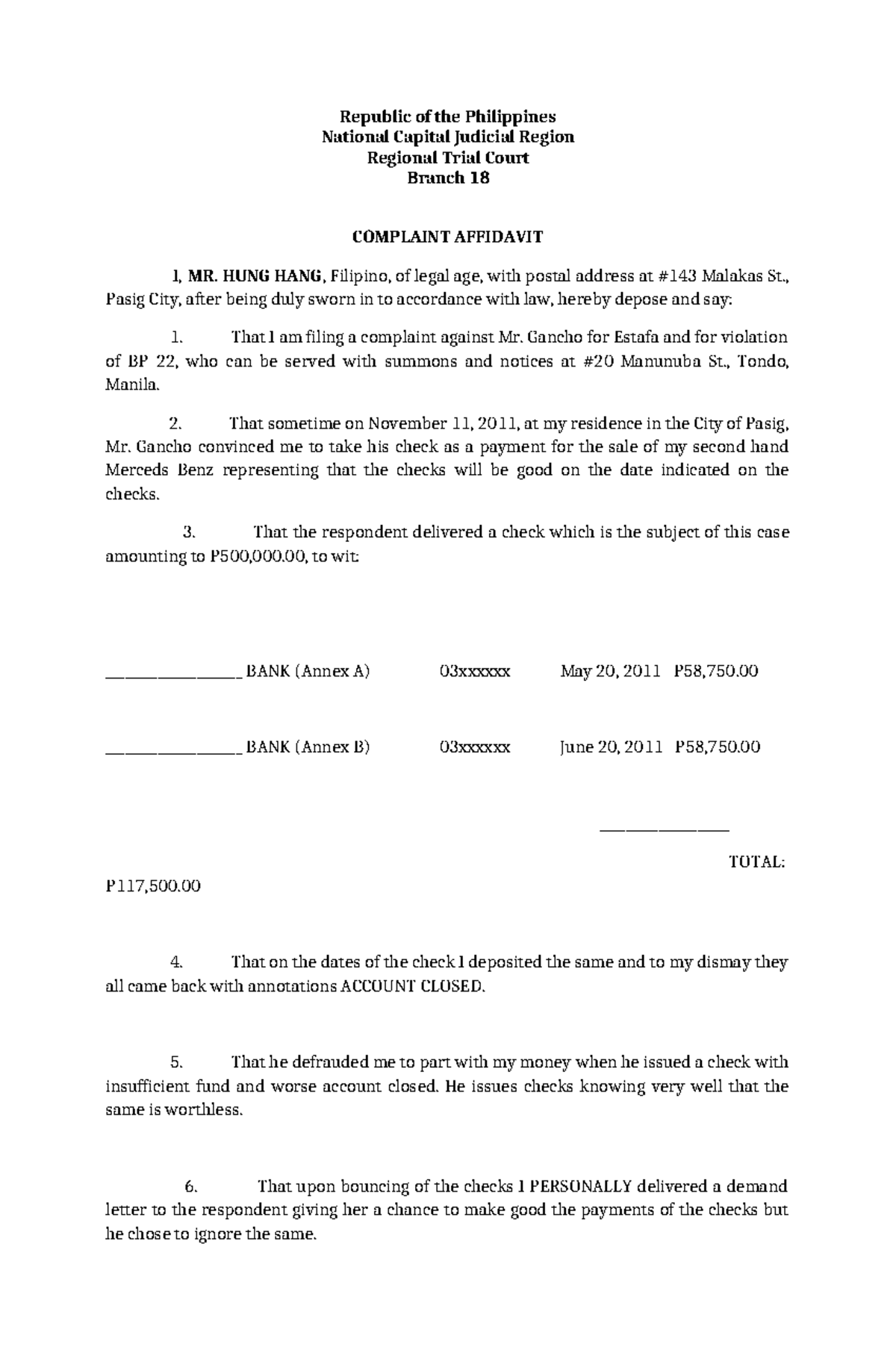 Complaint affidavit bp 22 - Republic of the Philippines National ...