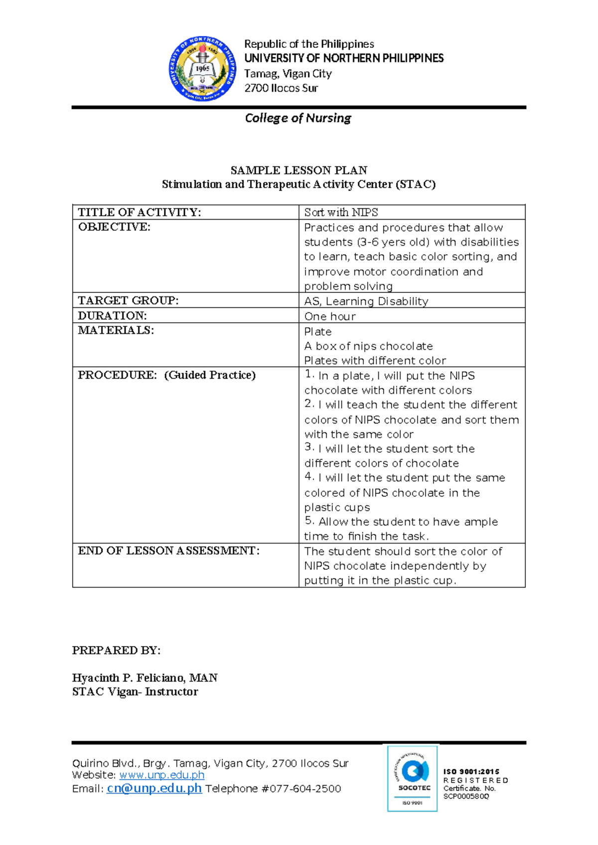 Lesson-Plan 2 - Lesson - ISO 9001: R E G I S T E R E D Certificate. No ...