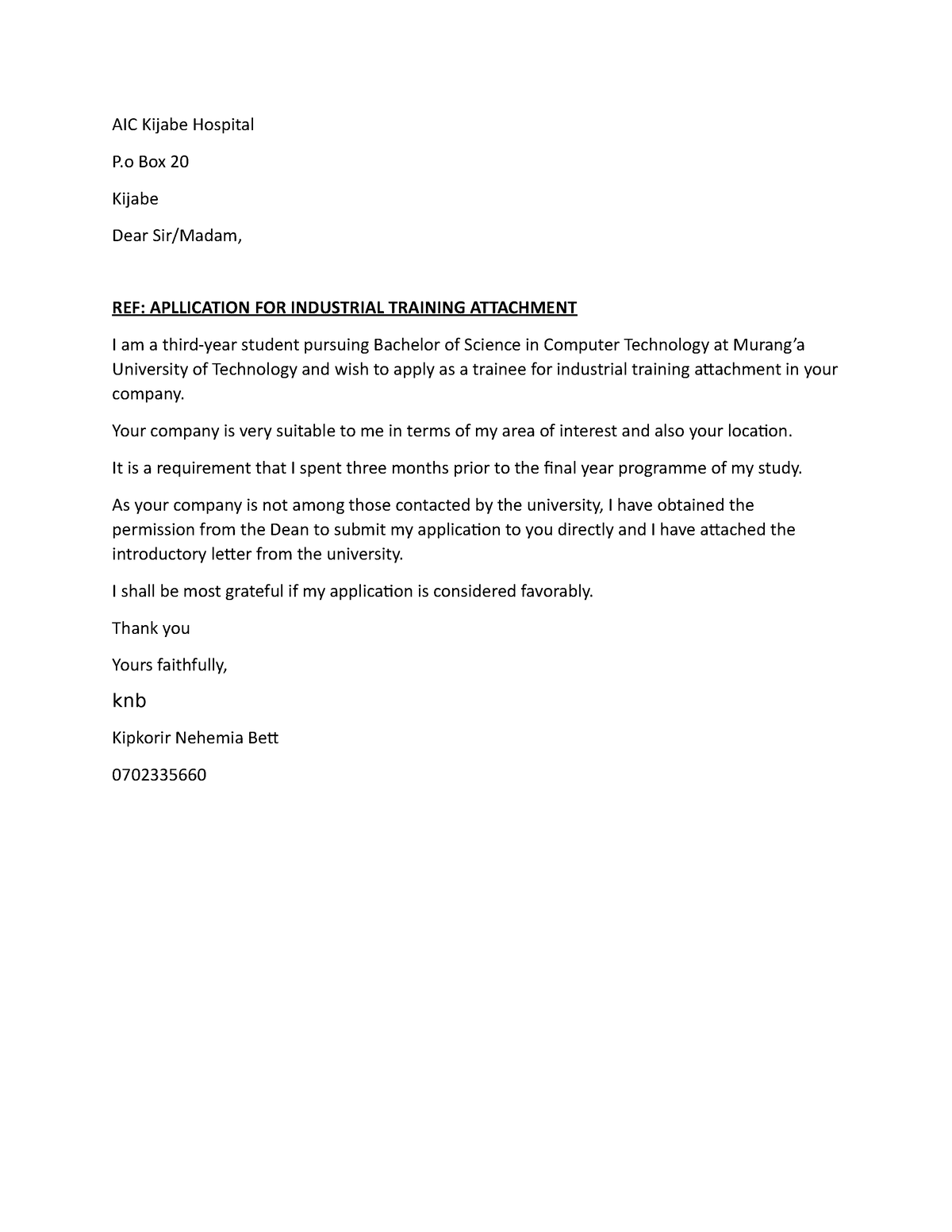 Aic Kijabe Application Letter For Industrial Training Aic Kijabe Hospital P Box 20 Kijabe 4952