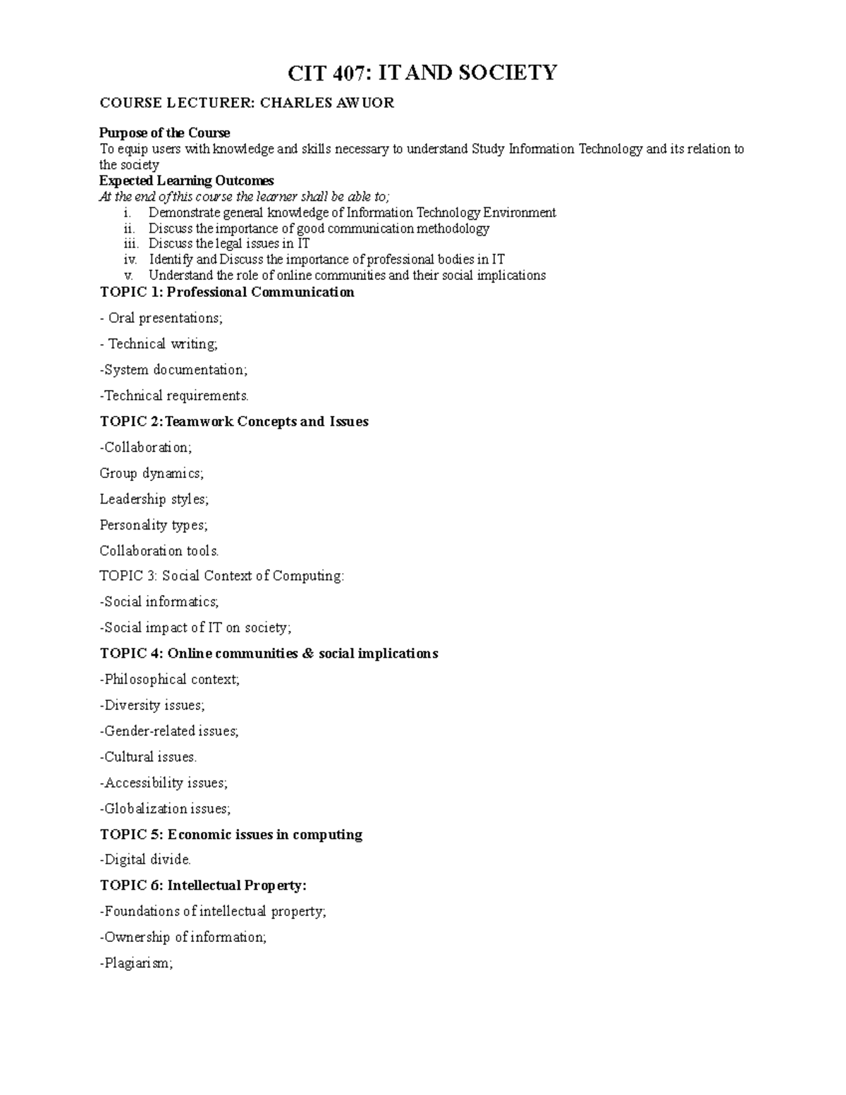 CIT 407 Information Technology AND Society Course Outline - CIT 407: IT ...