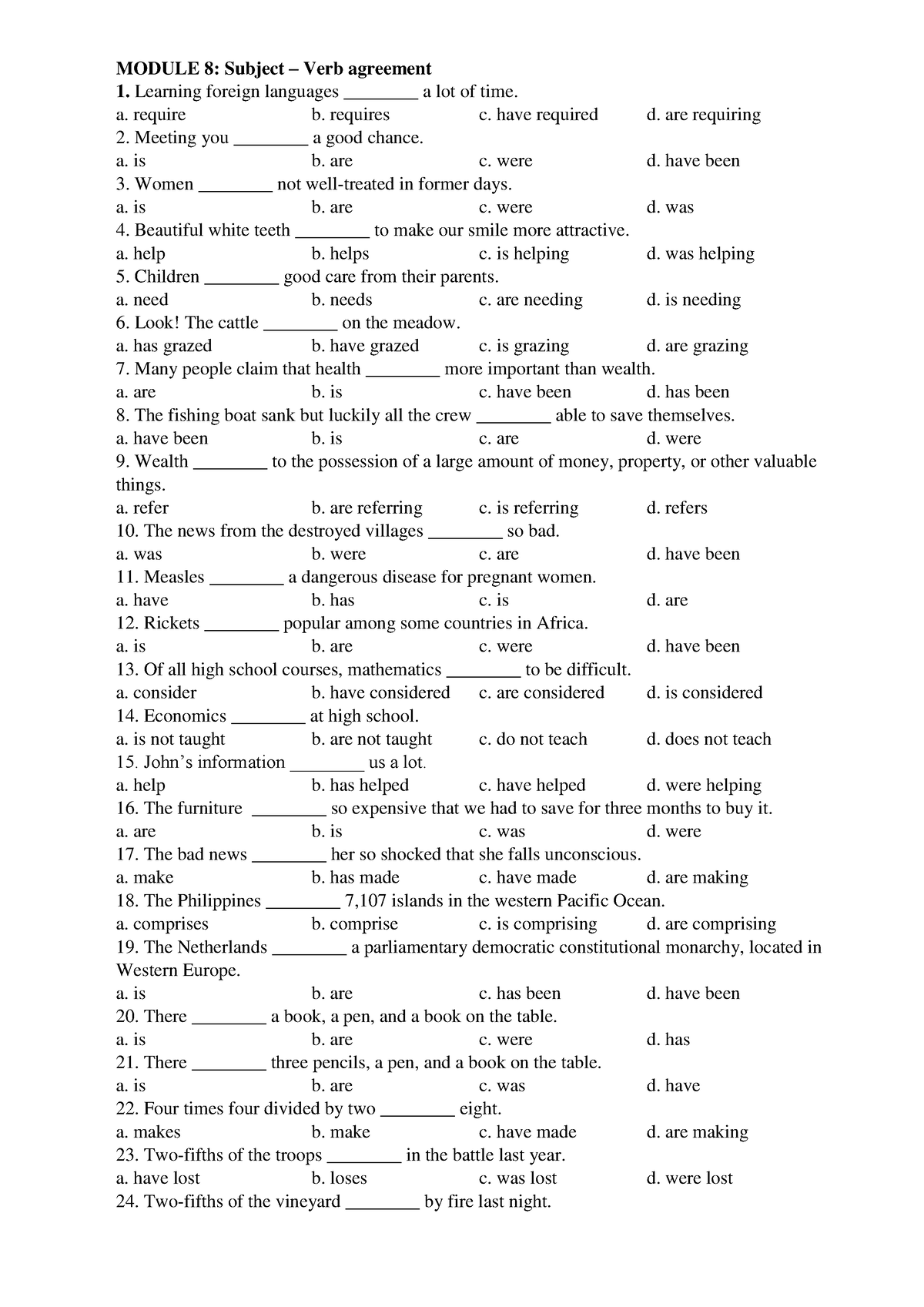 Practice Subject and verb agreement - MODULE 8: Subject – Verb ...