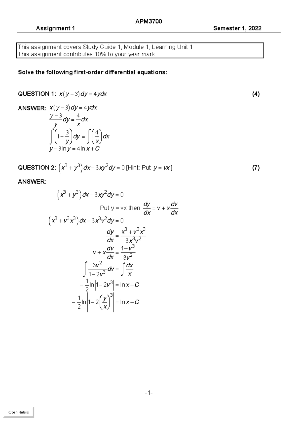 APM3700 Assignment 1 Solutions 2022 Semester 1 - APM Assignment 1 ...