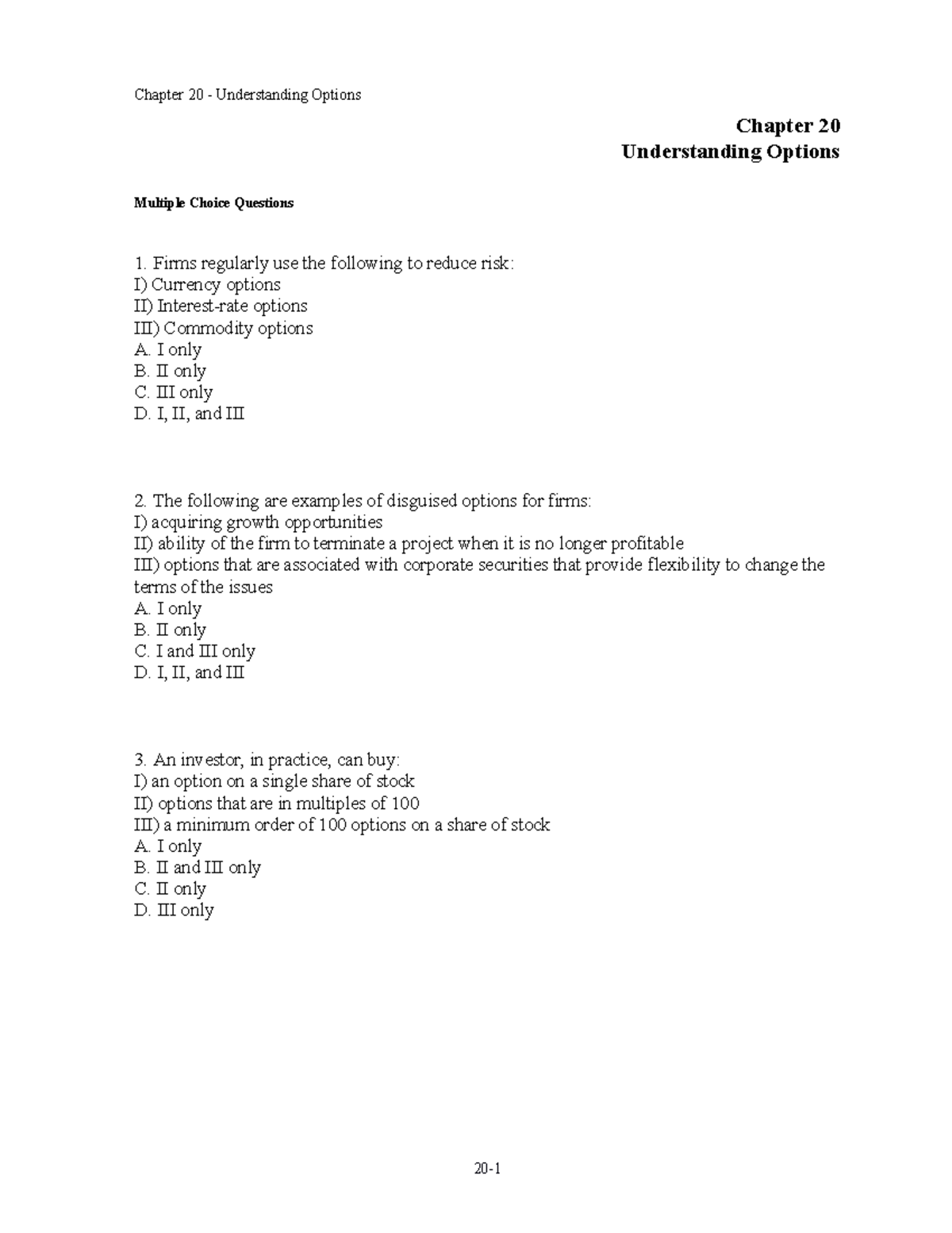 Chap020 - Test Bank - Chapter 20 Understanding Options Multiple Choice ...
