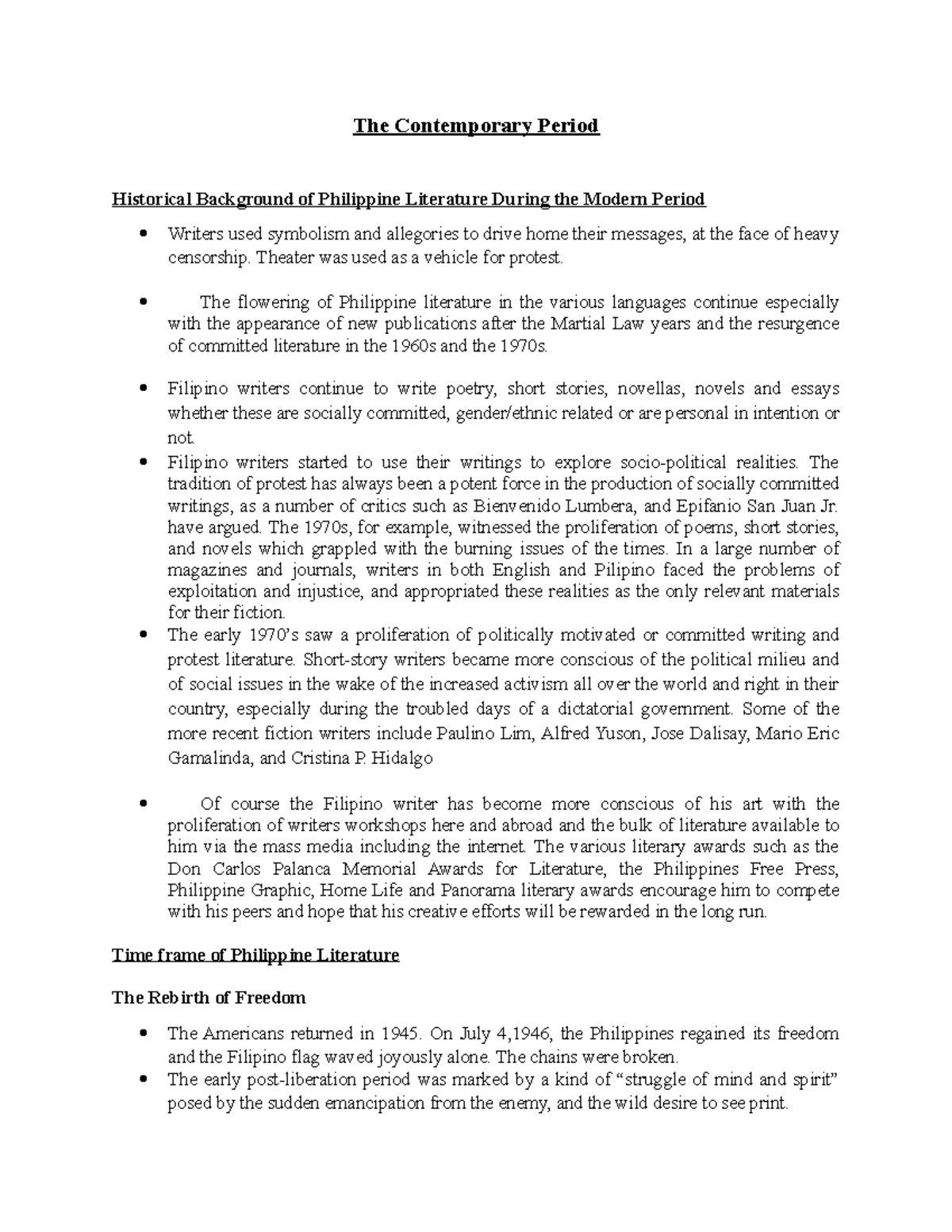 What Is The Contribution Of Contemporary Period In Philippine Literature