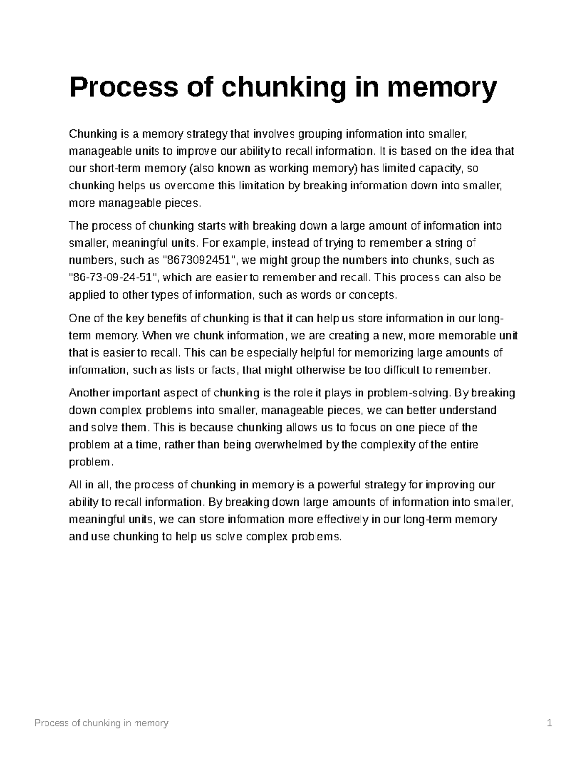 Process of chunking in memory - It is based on the idea that our short ...