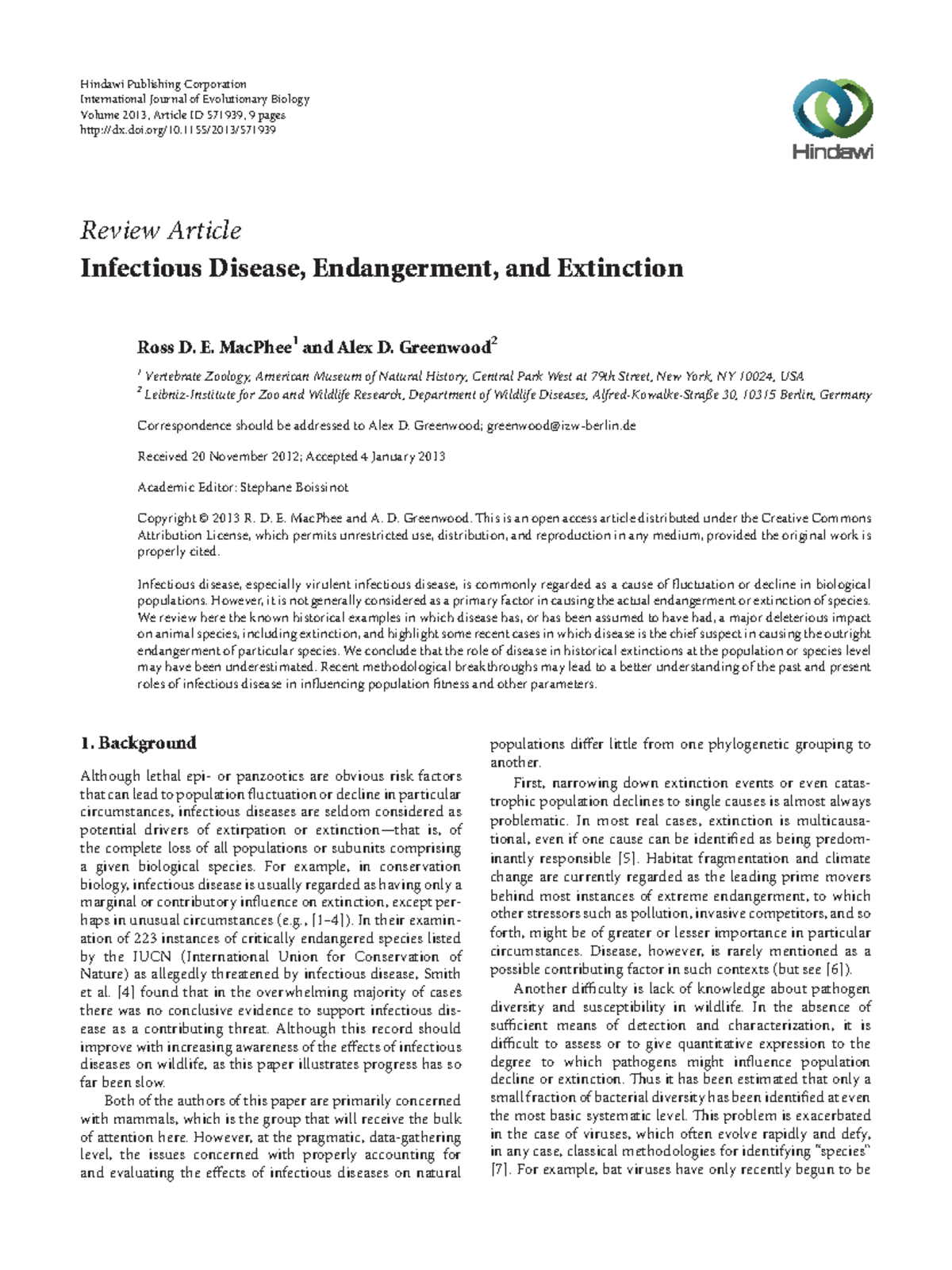 Infectious Disease, Endangerment, and Extinction Hindawi Publishing