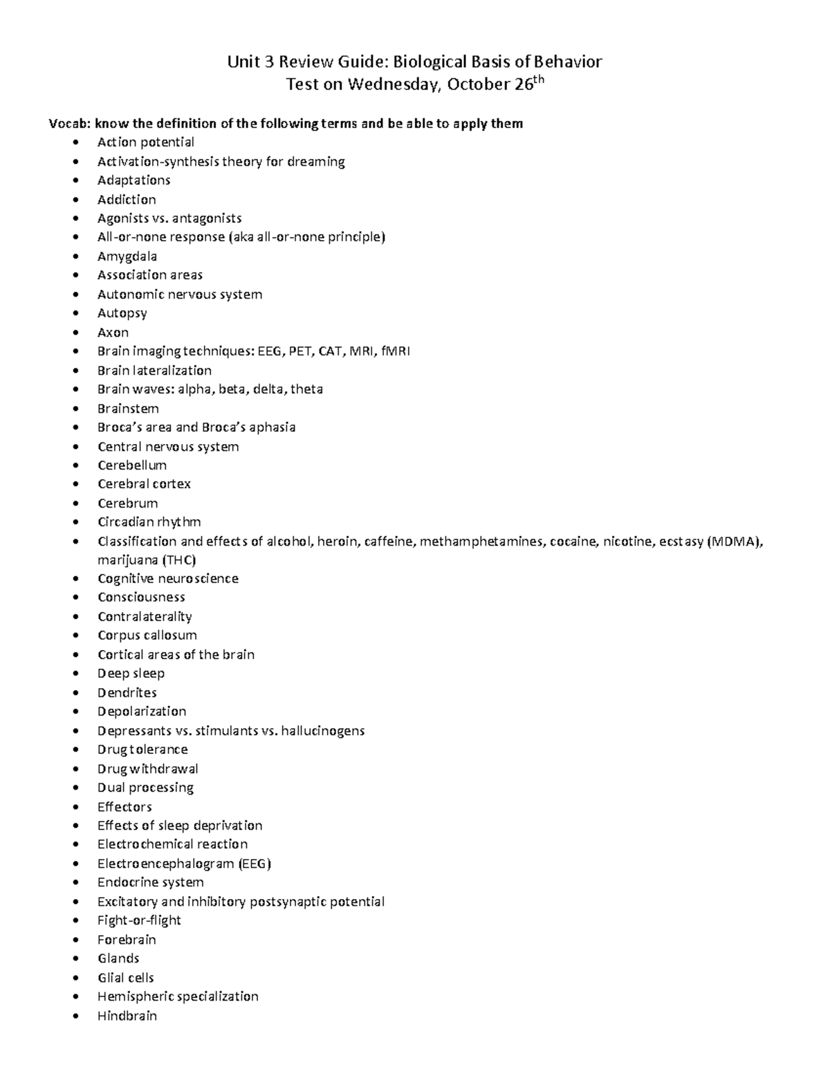 Psych Unit 3 Guide Unit 3 Review Guide Biological Basis of Behavior