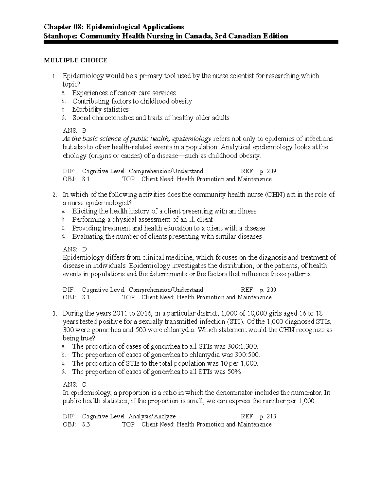 C8 - TEST BANKS - Chapter 08: Epidemiological Applications Stanhope ...