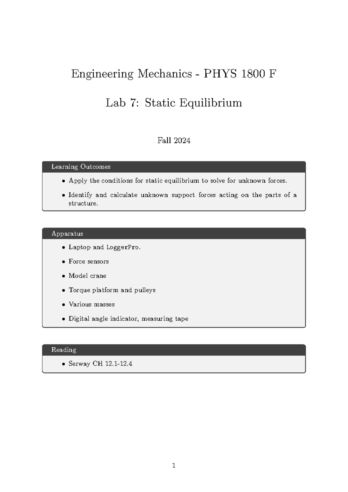 Lab7 - Static Equilibrium - Engineering Mechanics - PHYS 1800 F Lab 7 ...