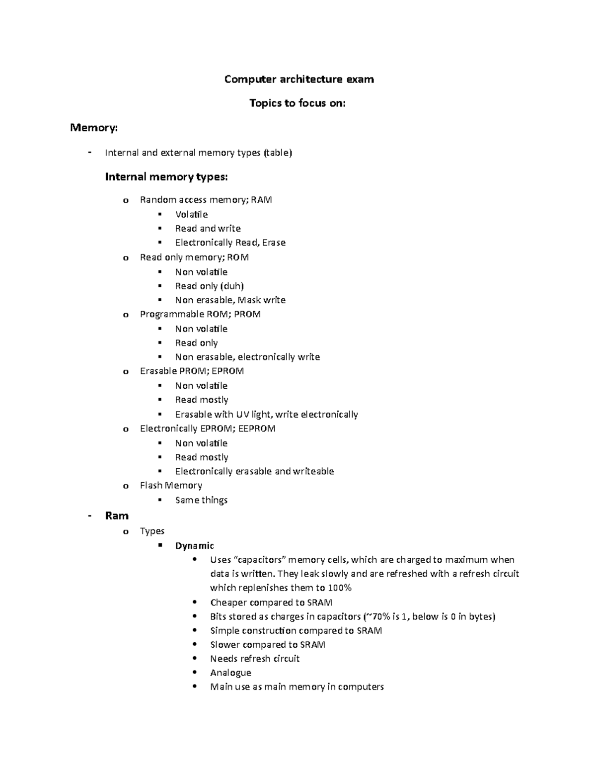Computer architecture exam notes Computer architecture exam Topics to