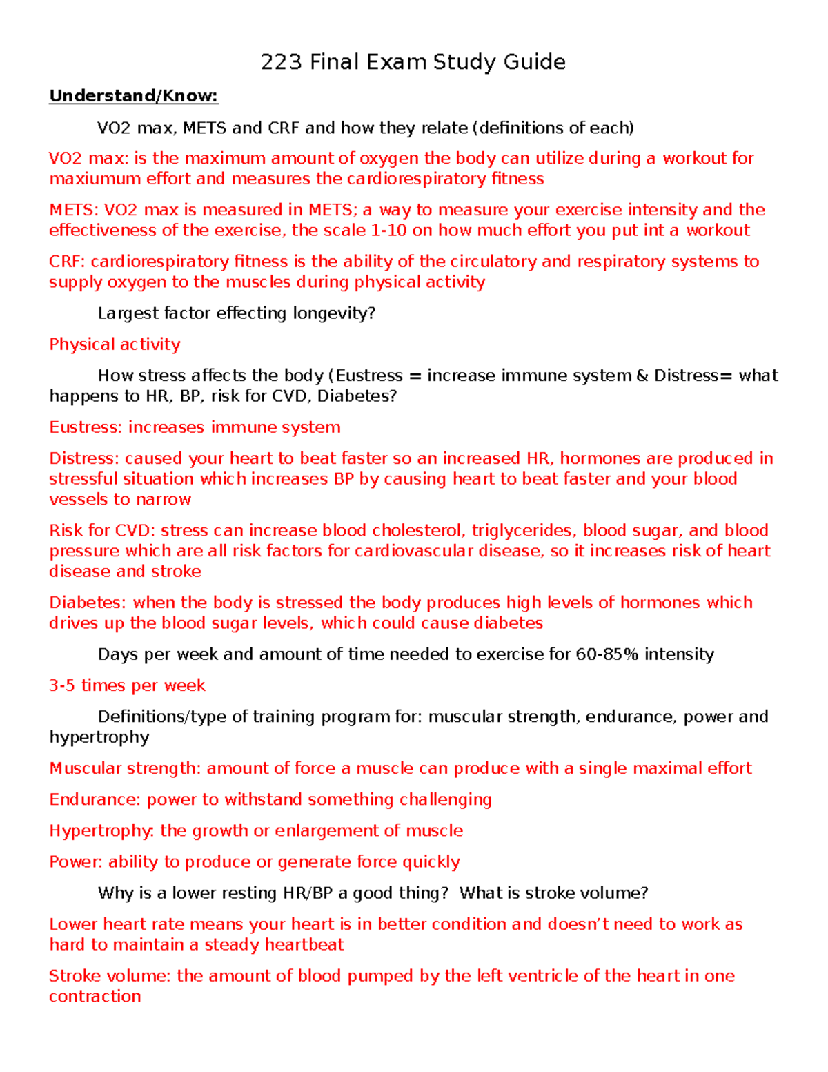 Final exam review 223 Final Exam Study Guide Understand/Know VO2 max