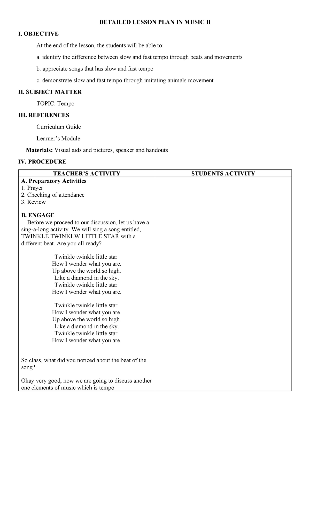 Detailed Lesson PLAN IN Music II - DETAILED LESSON PLAN IN MUSIC II I ...