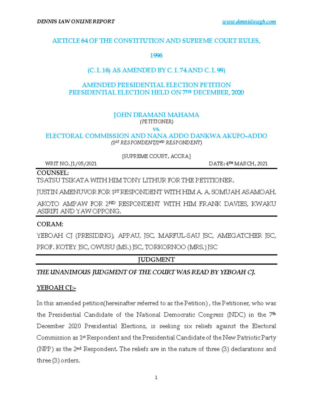 2020 Election Petition Judgment - ARTICLE 64 OF THE CONSTITUTION AND ...
