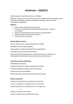 Semiologia - Anamnese - Anotação de aula bastante completa - Anamnese  Anamnese: significa trazer de - Studocu