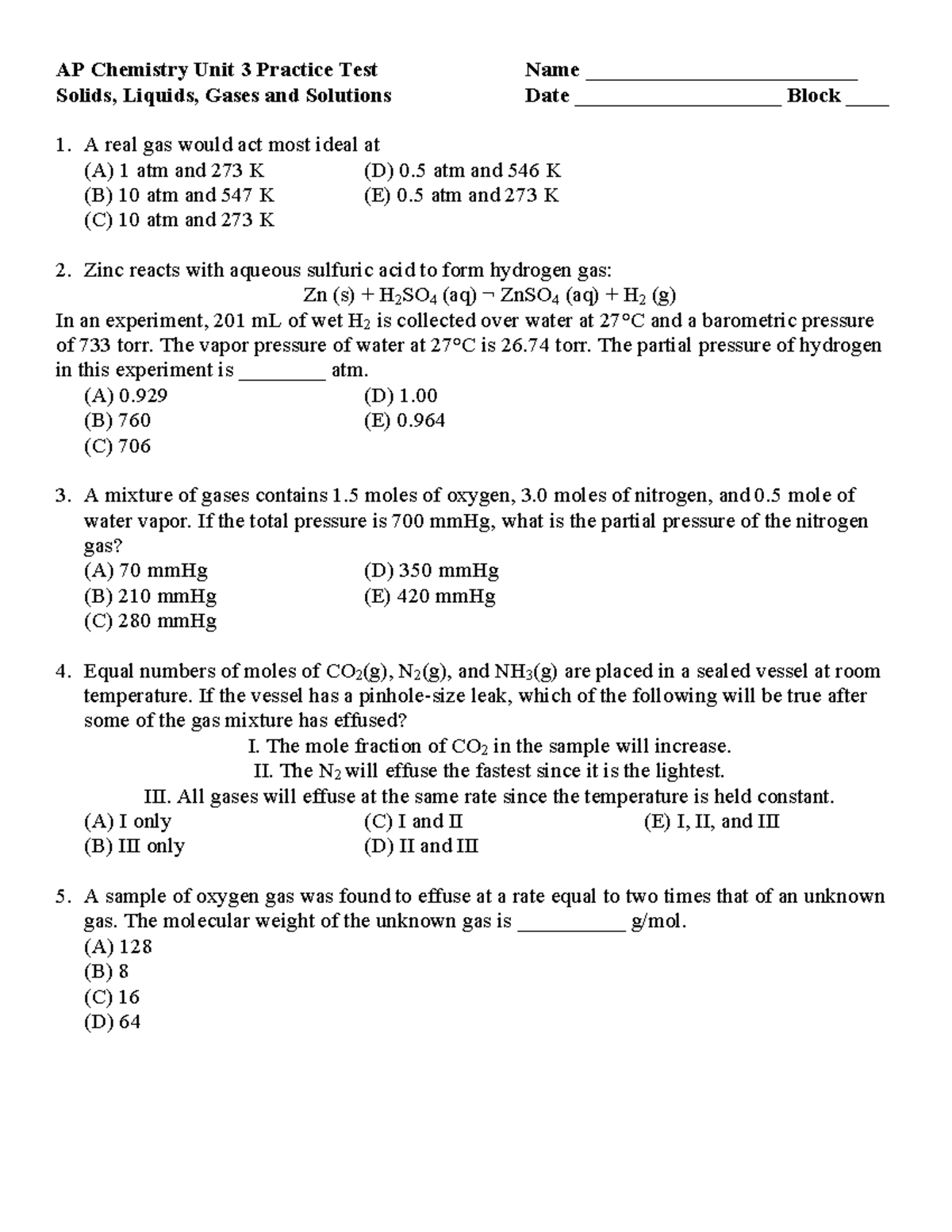 AP Chem U3 - Practice Test - AP Chemistry Unit 3 Practice Test Name