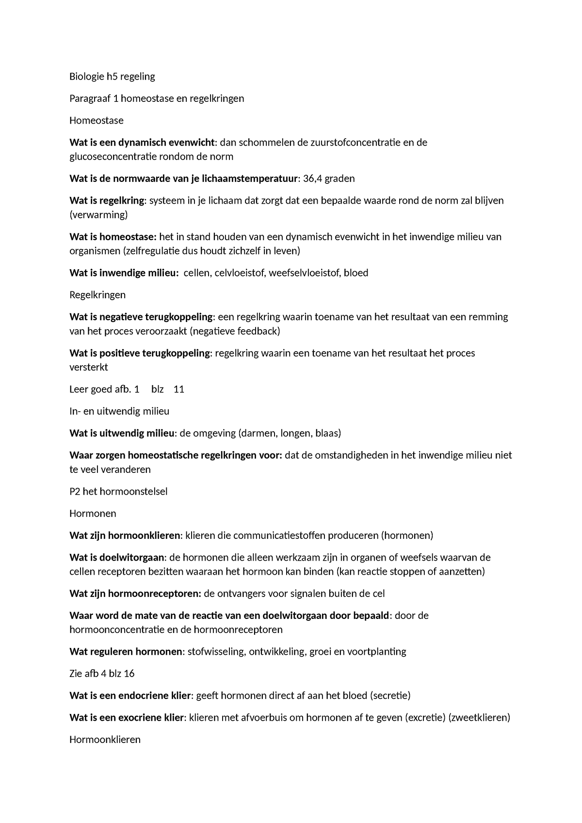 Biologie H5 Regeling - Biologie H5 Regeling Paragraaf 1 Homeostase En ...