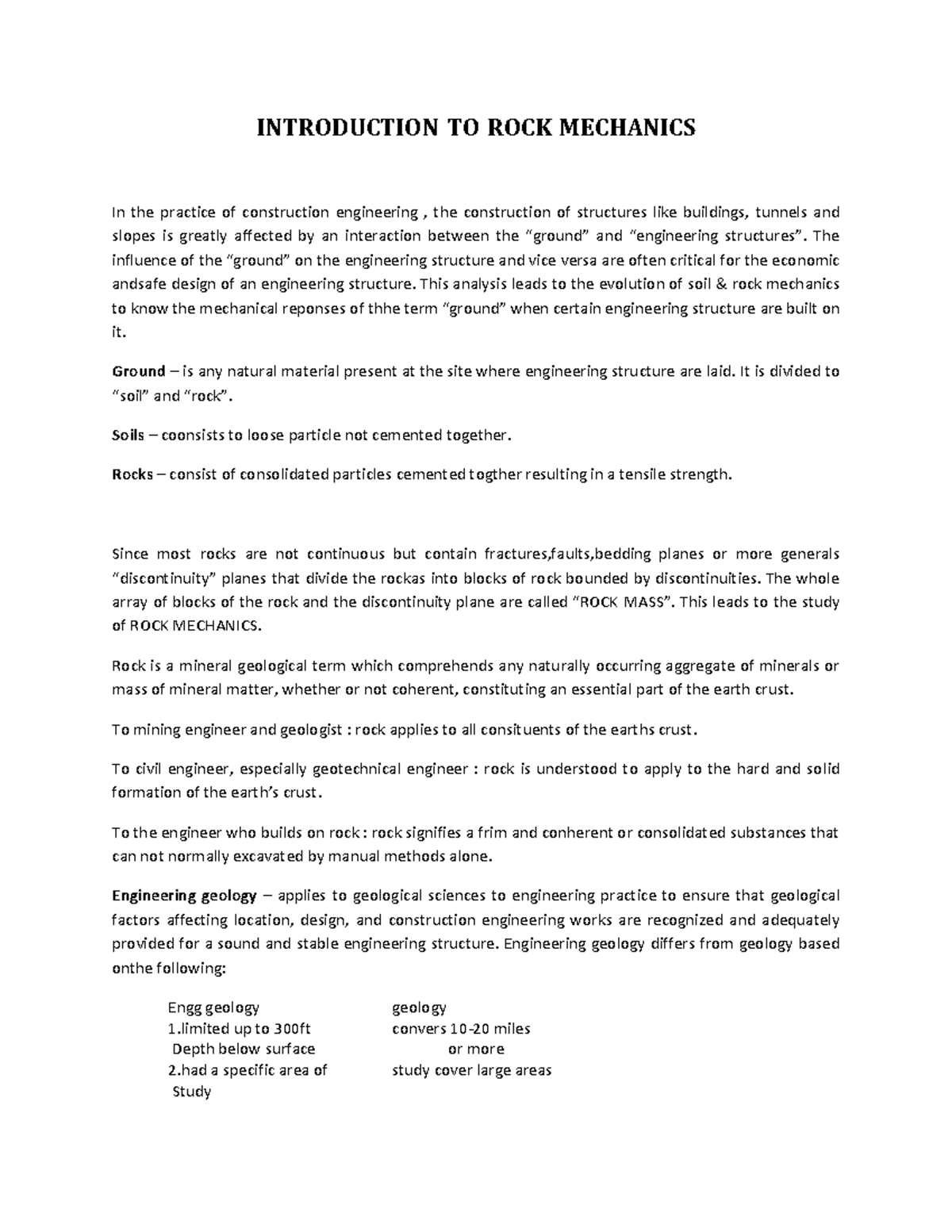 ROCK Mechanics Introduction INTRODUCTION TO ROCK MECHANICS In the