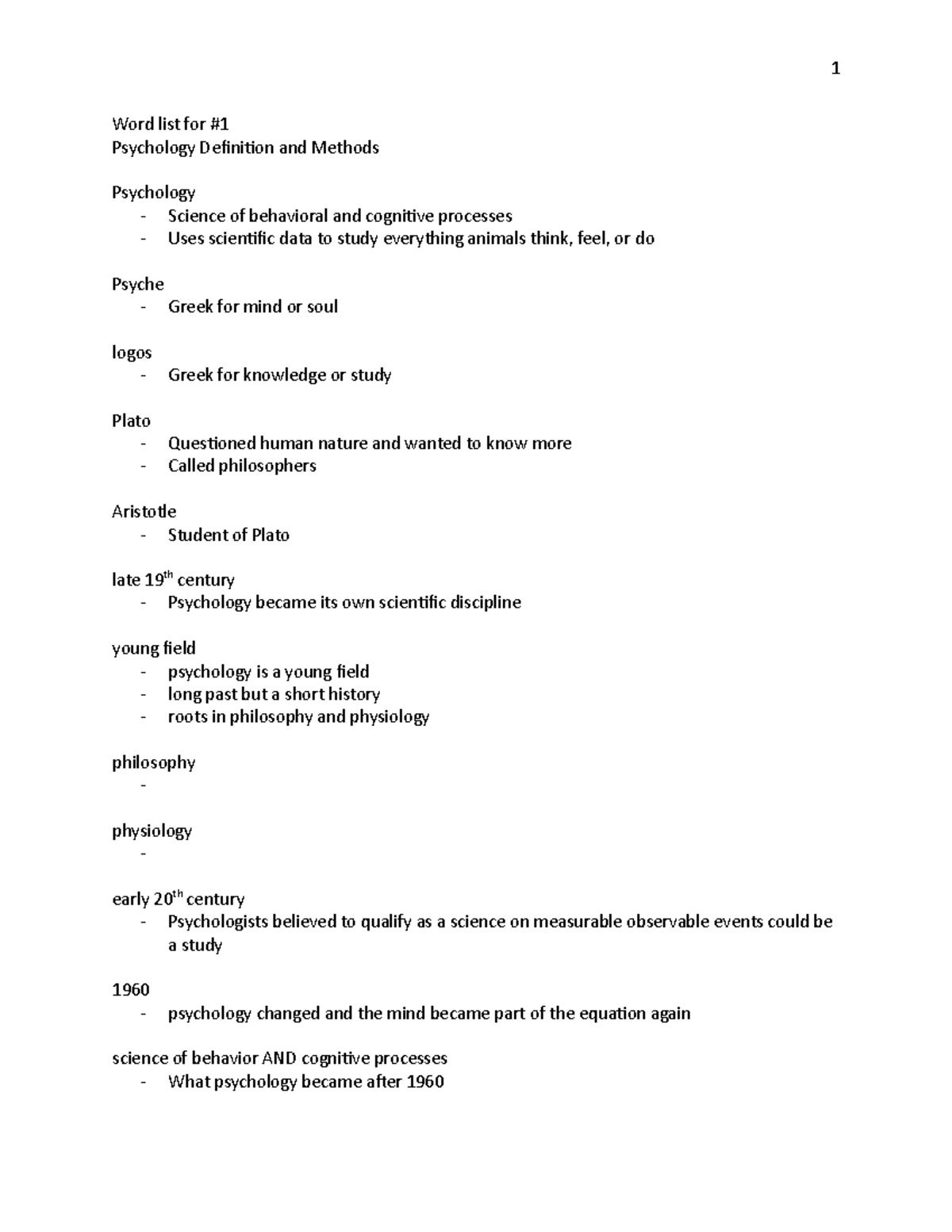 Word List For 1 Lecture Notes 1 Word List For Psychology 