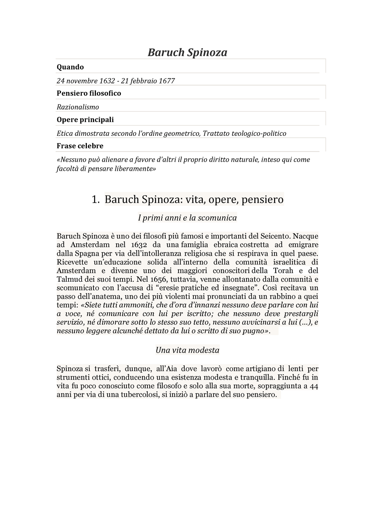 Spinoza - Unict - Baruch Spinoza Quando 24 novembre 1632 - 21 febbraio 1677  Pensiero filosofico - Studocu