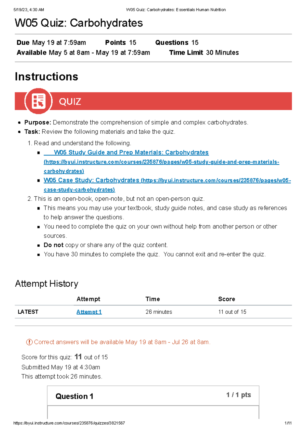 W05 Quiz Carbohydrates Essentials Human Nutrition W05 Quiz Carbohydrates Due May 19 at 759am