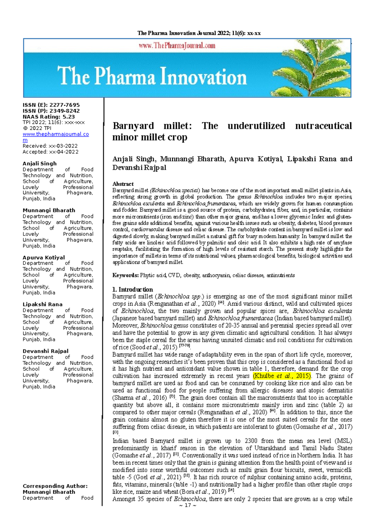 116188 Barnyard millet The underutilized nutraceutical minor