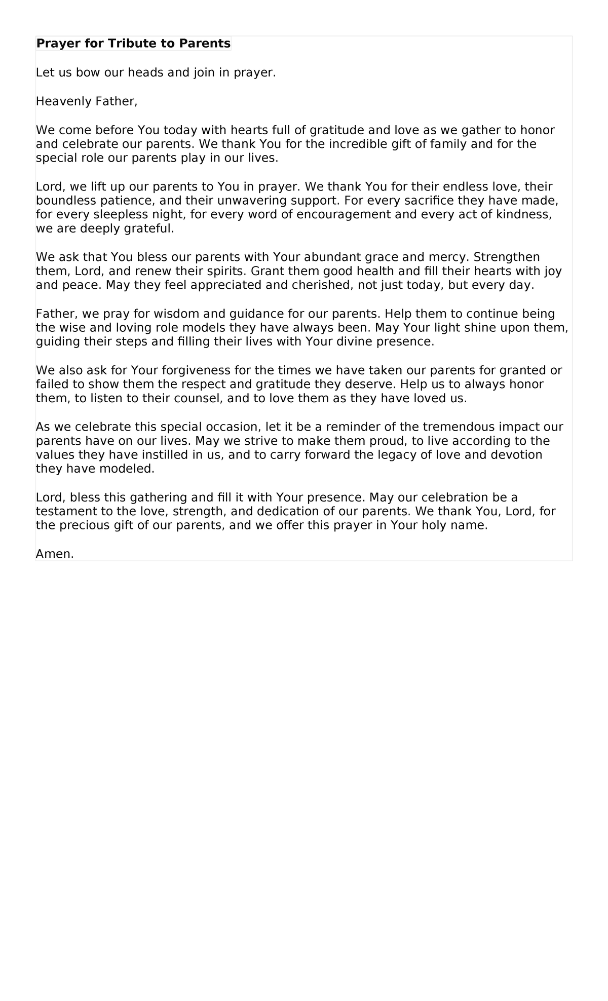 Prayer for Tribute to Parents - Heavenly Father, We come before You ...