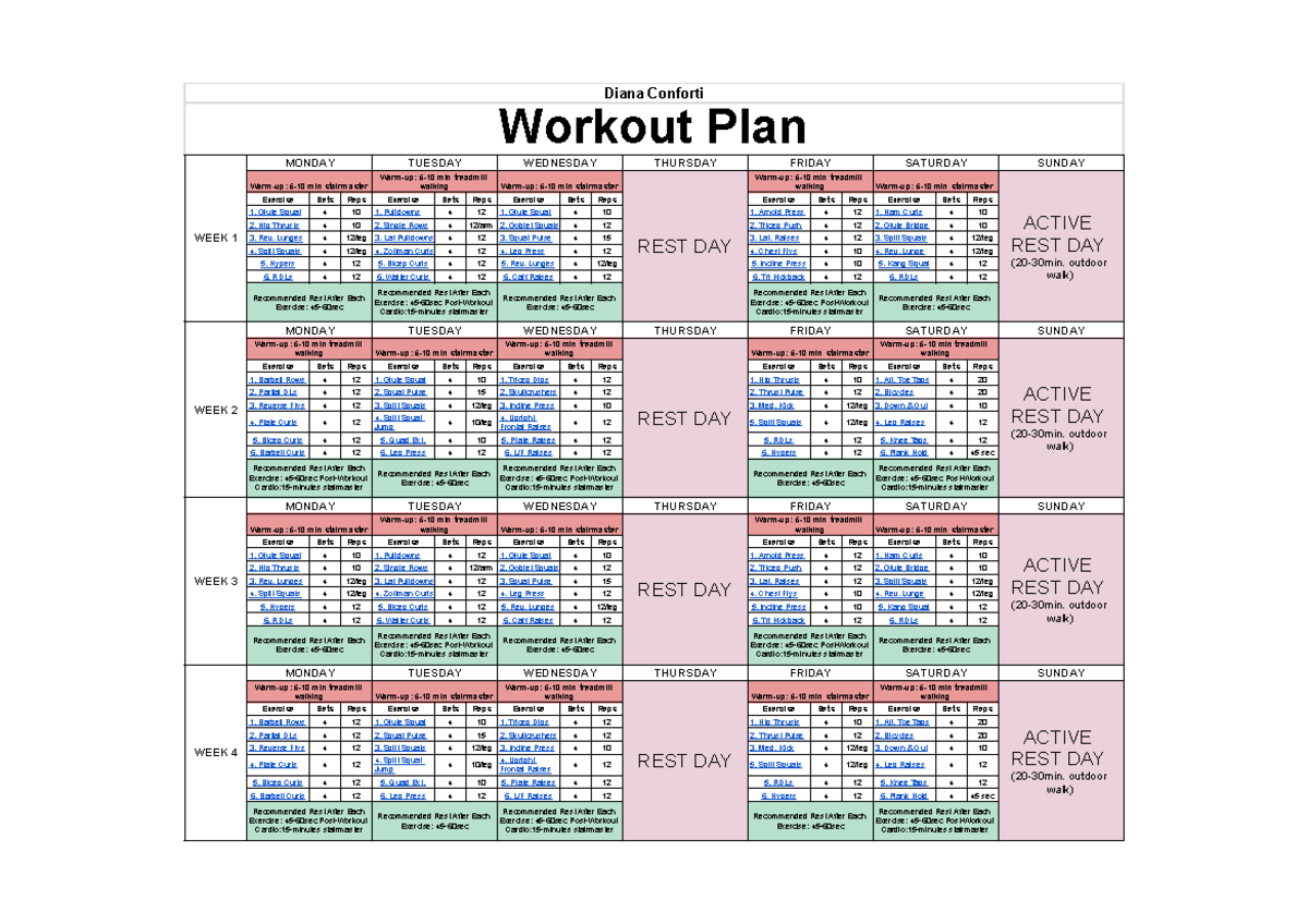 Diana Conforti - Rutina - Diana Conforti Workout Plan WEEK 1 MONDAY