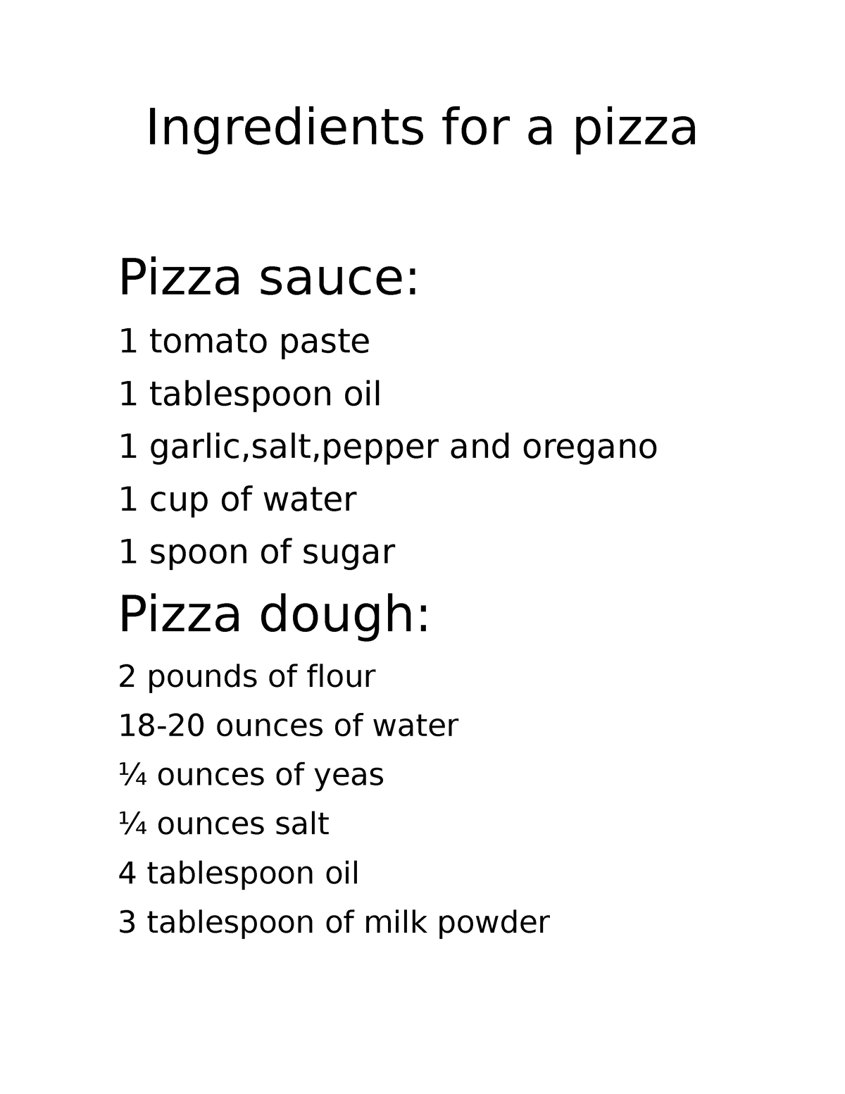 Ingredients for a pizza Ingredients for a pizza Pizza sauce 1 tomato