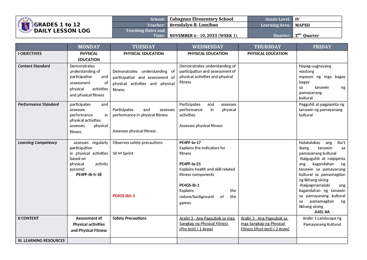 Dll Mapeh 4 Q2 W1 Daily Lesson Log Grades 1 To 12 Daily Lesson Log School Cabagnan 2339