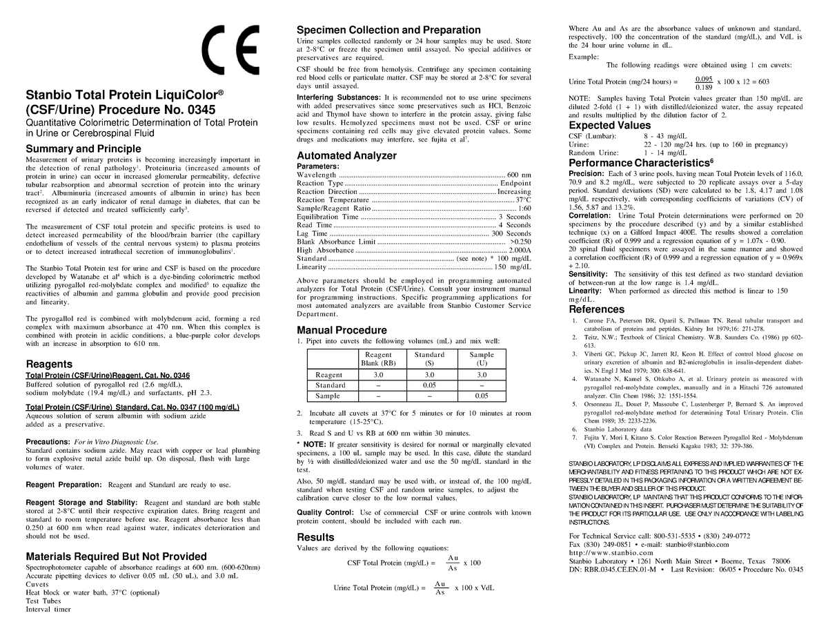 Cc1 Proteina Total (lcr Orina) - Stanbio Total Protein Liquicolor ® The 