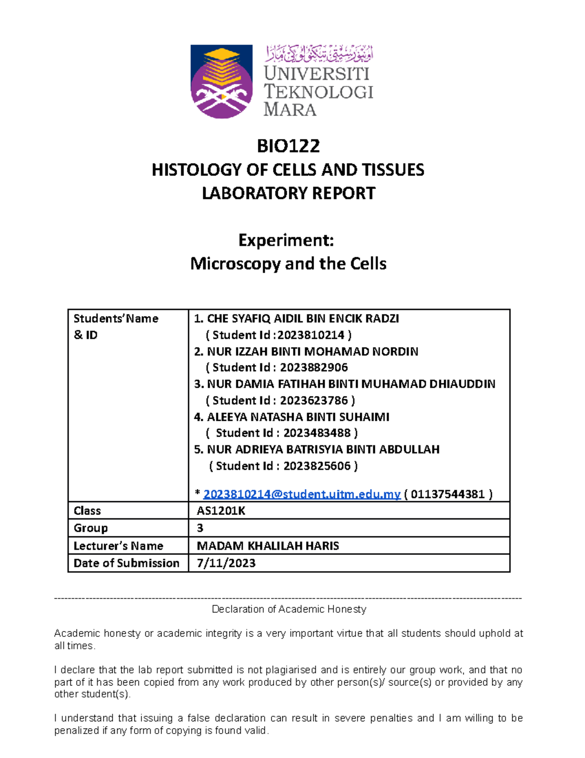 4. BIO122 LAB Report Template WITH Cover - BIO HISTOLOGY OF CELLS AND ...