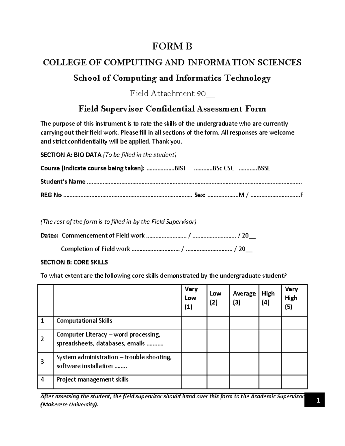 FORM B Field Supervisor - After assessing the student, the field ...