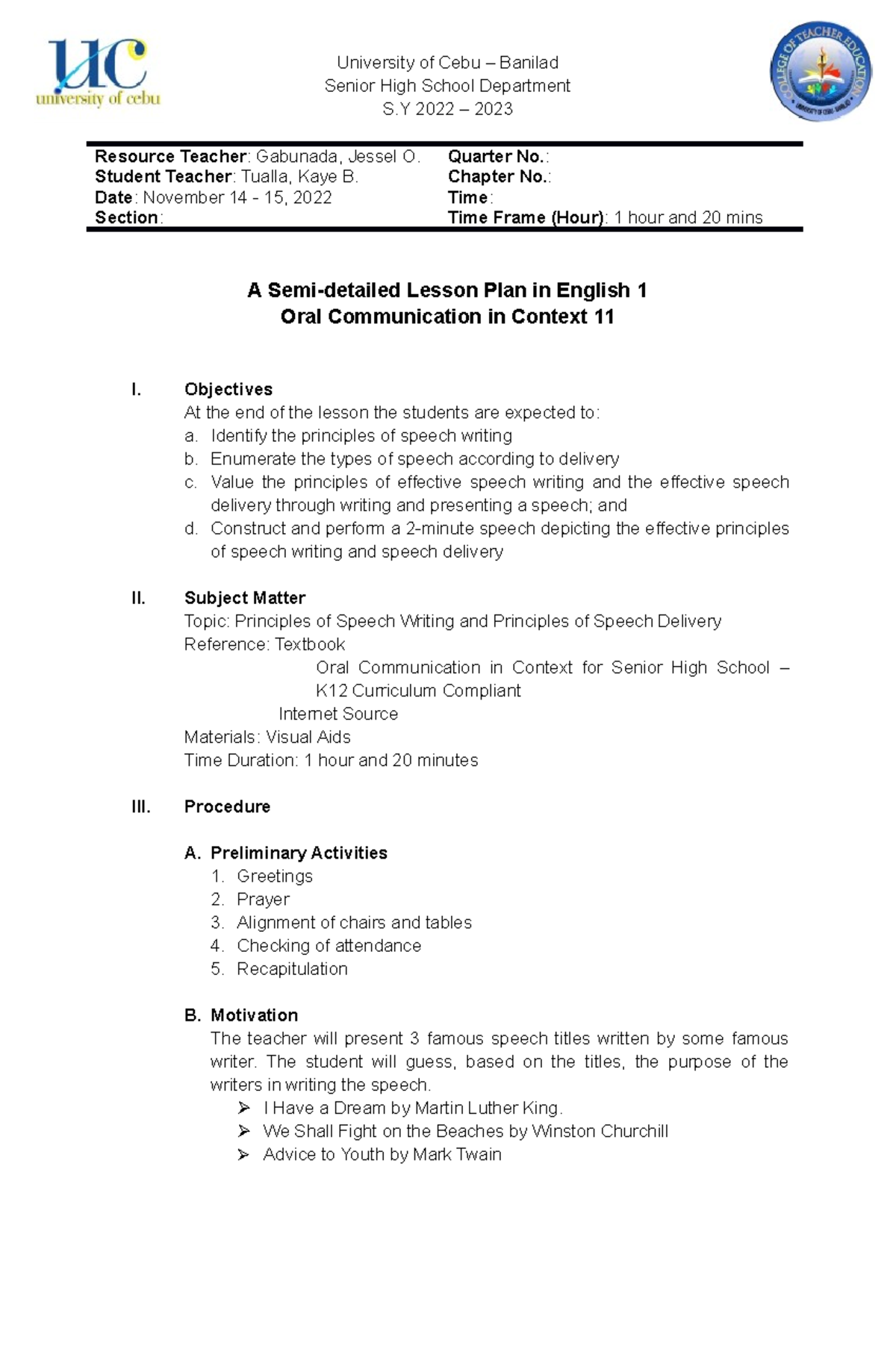 Lesson Plan - English 1 - University of Cebu – Banilad Senior High ...
