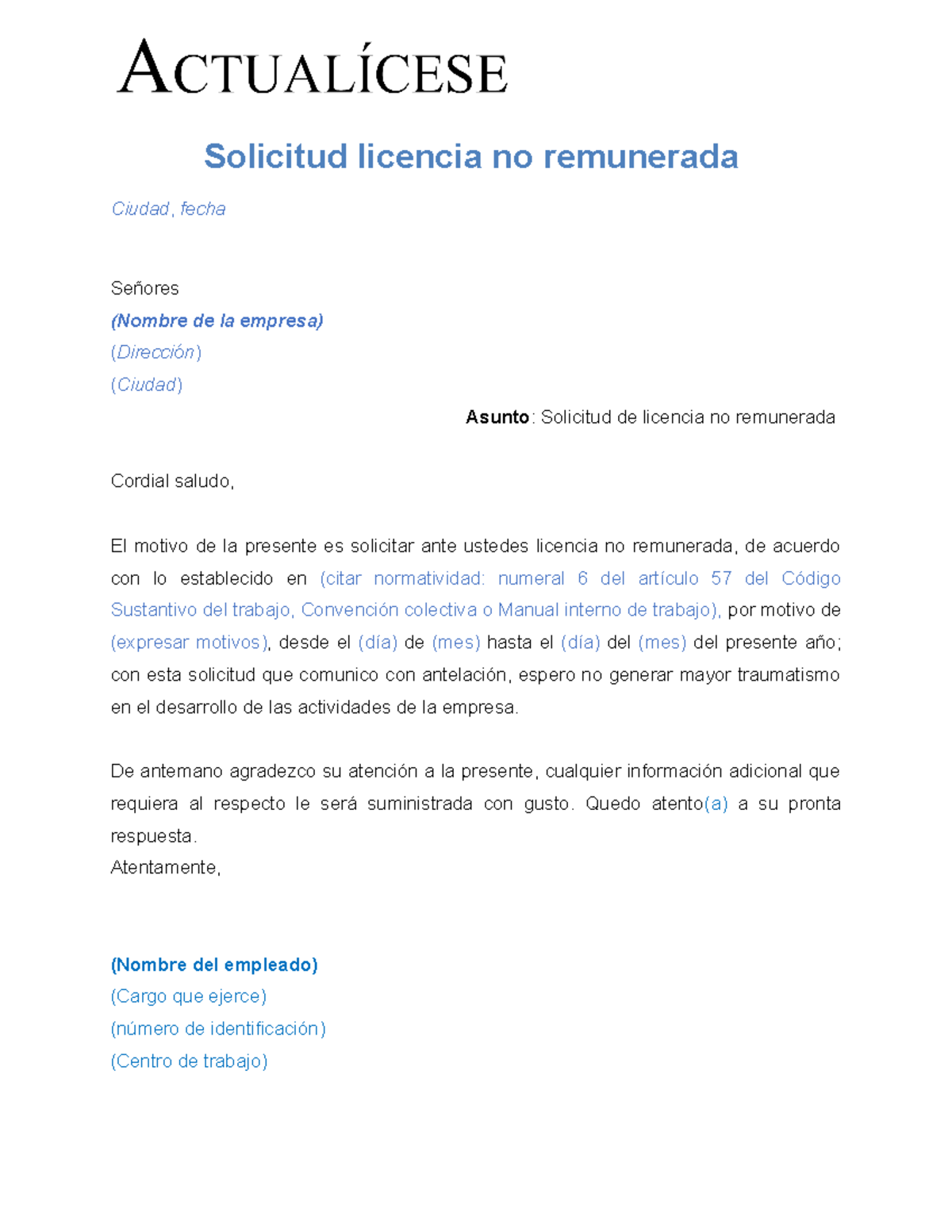 Carta Solicitud Licencia No Remunerada Solicitud Licencia No