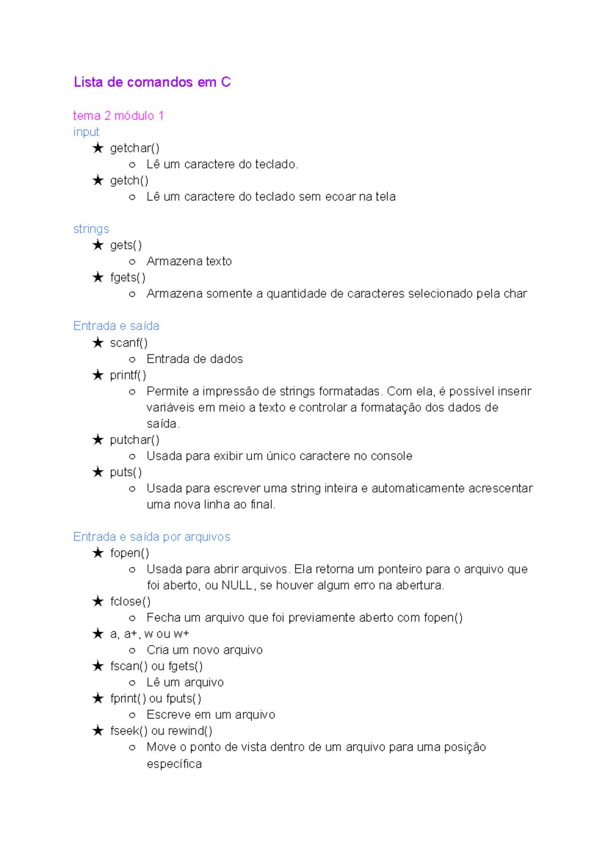 Lista de comandos em c resumo sava tema 2 de programa o de software
