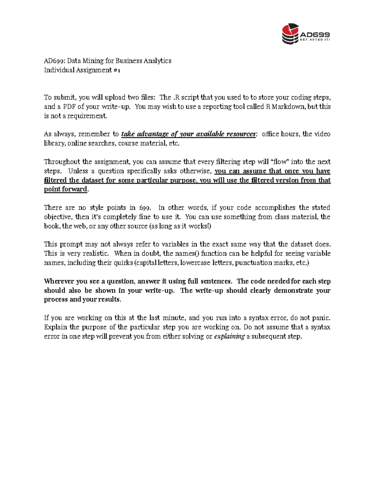 Individual Assignment #1 AD699 OL - AD699: Data Mining for Business ...