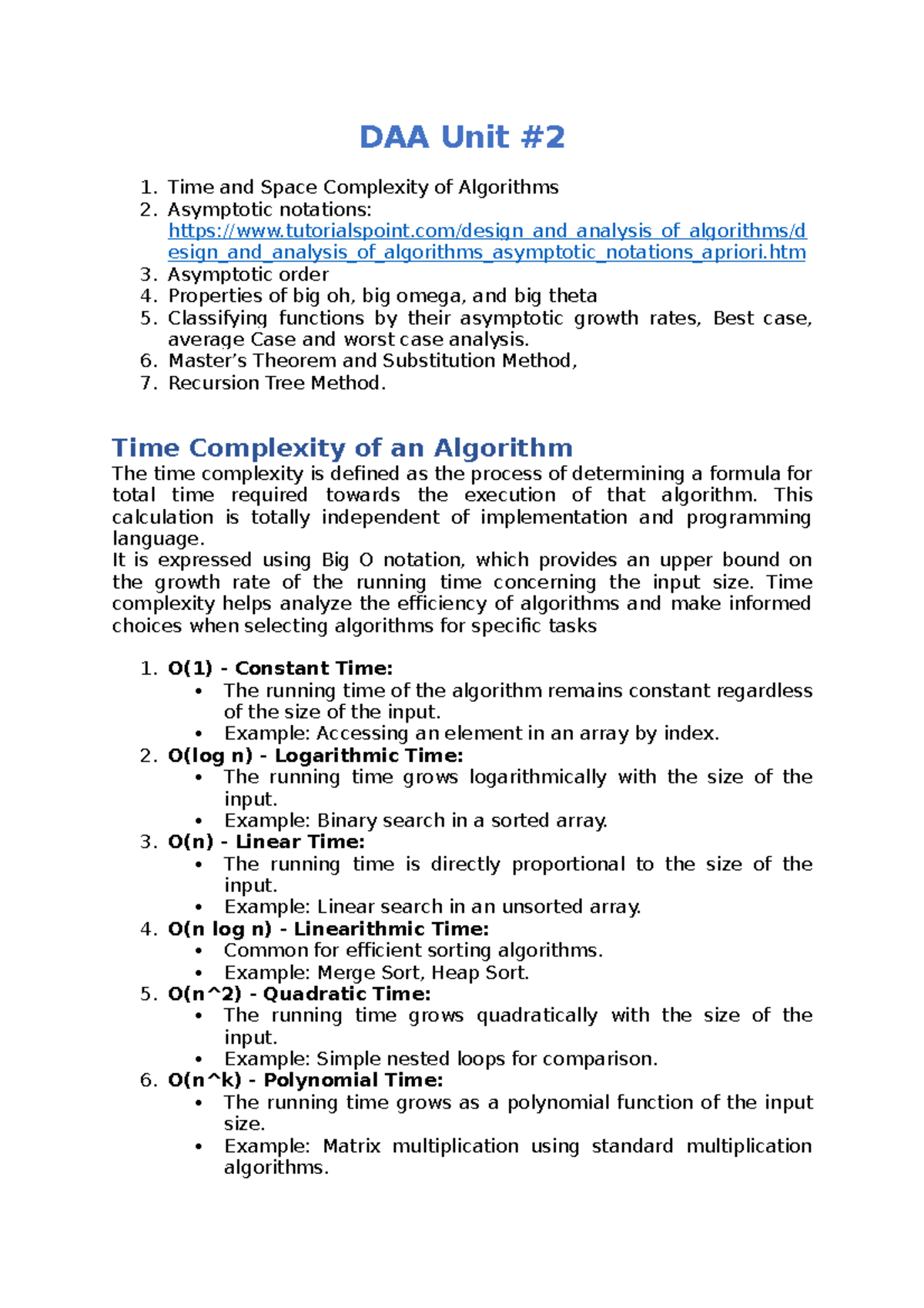 Daa Unit 2 Notes Unit 2 Daa Unit 1 Time And Space Complexity Of