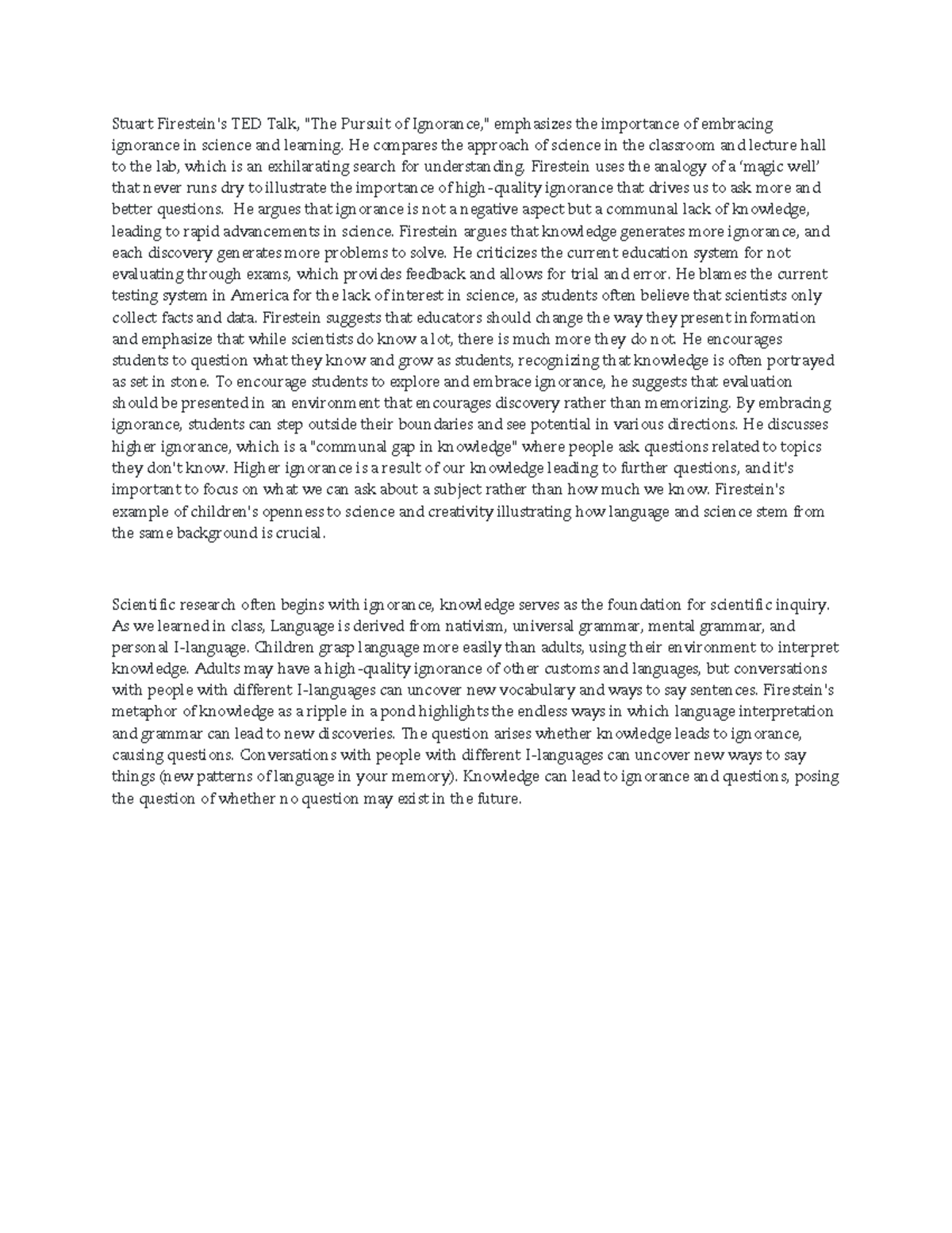 Reaction paper 2 ignorance - Stuart Firestein's TED Talk, 
