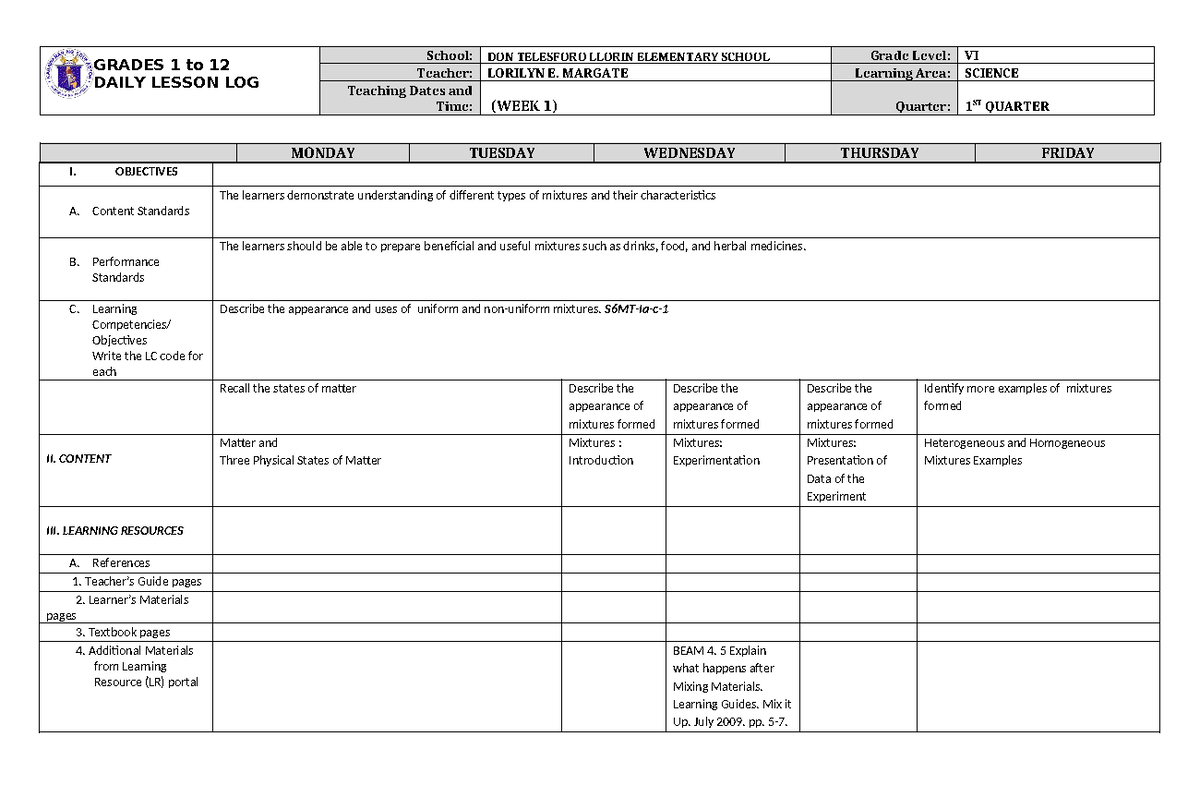 Science DLL - Summary Education - GRADES 1 to 12 DAILY LESSON LOG ...