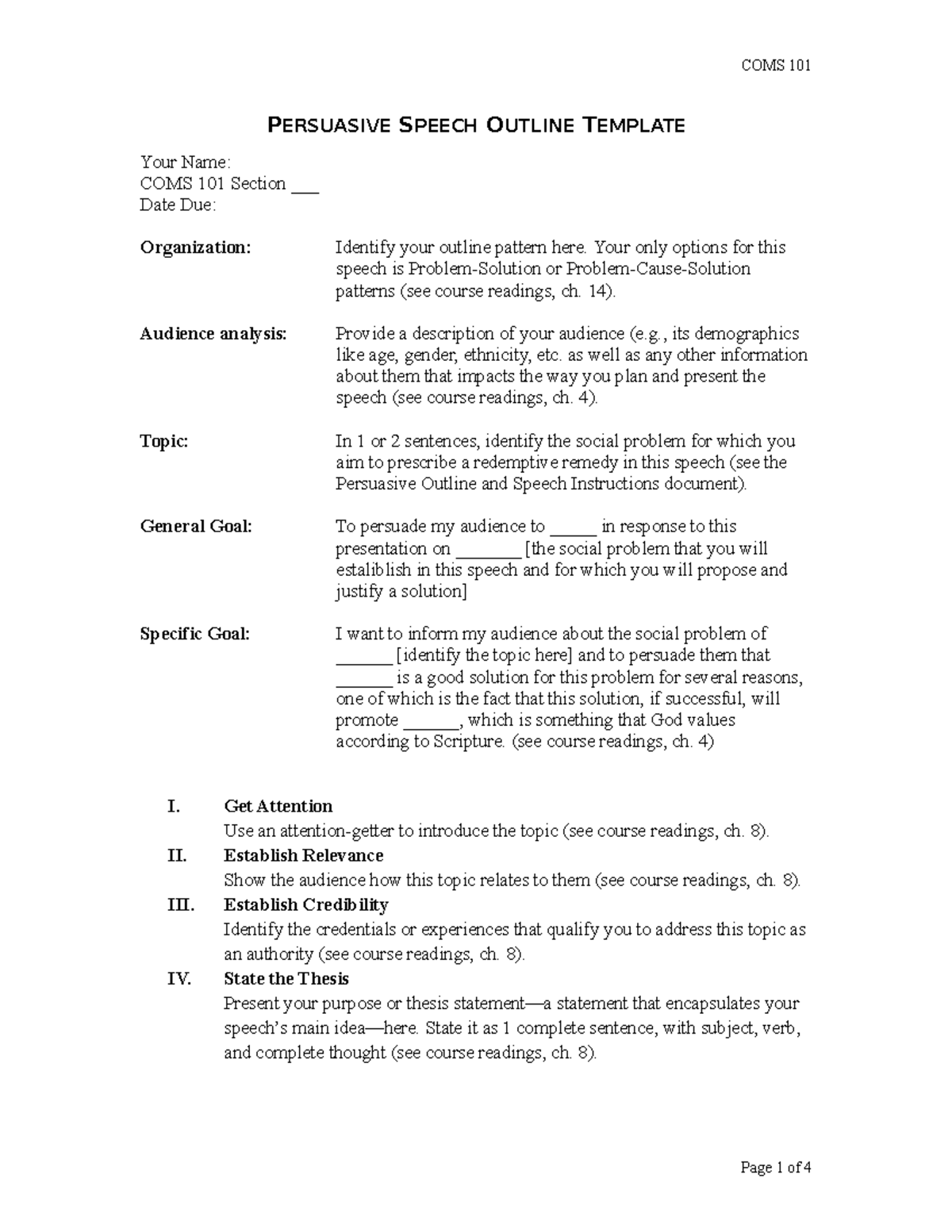 Persuasive Speech Outline Template - PERSUASIVE SPEECH OUTLINE TEMPLATE ...
