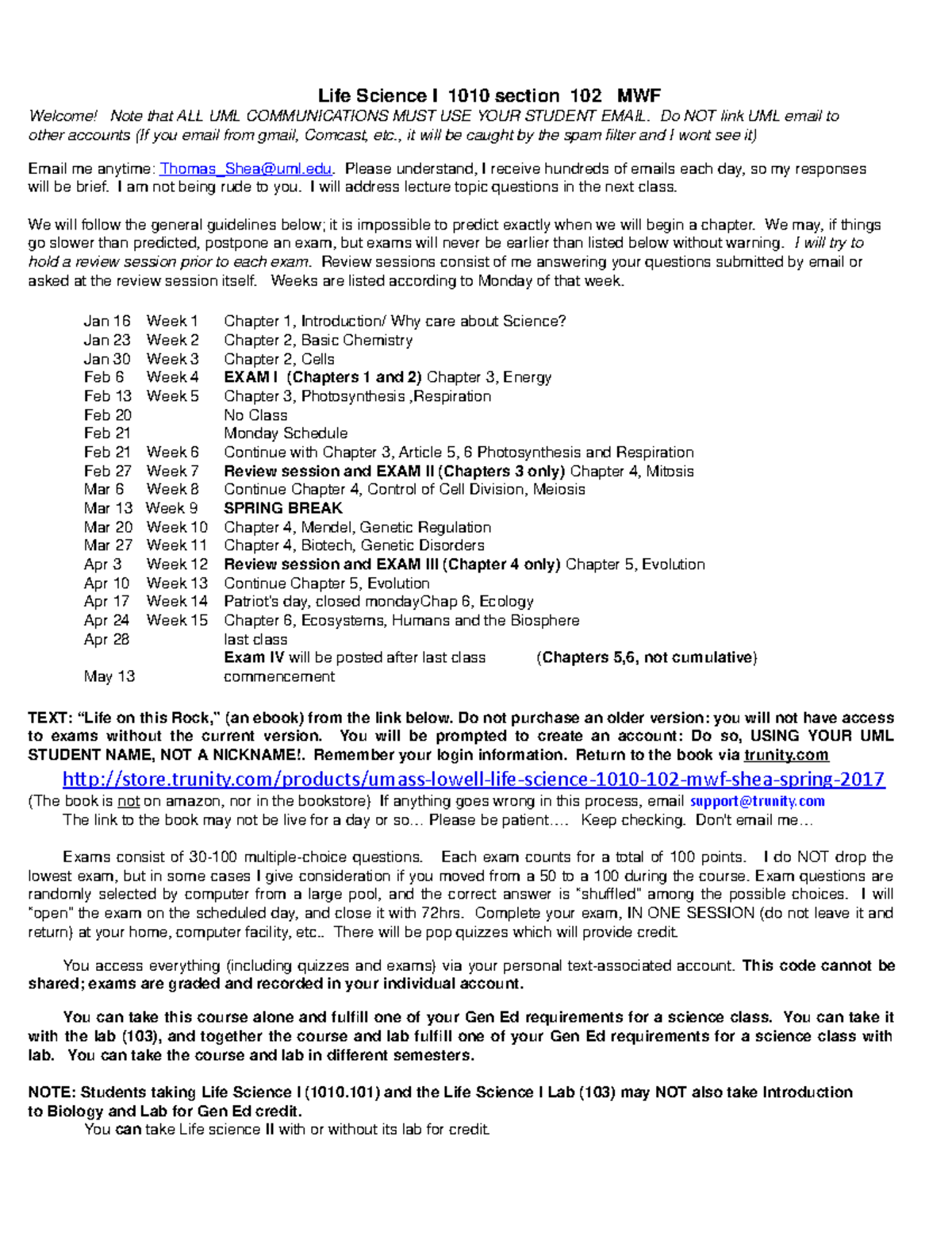 Life Sci I 102 MWF Spring 2017 Life Science I 1010 section 102 MWF